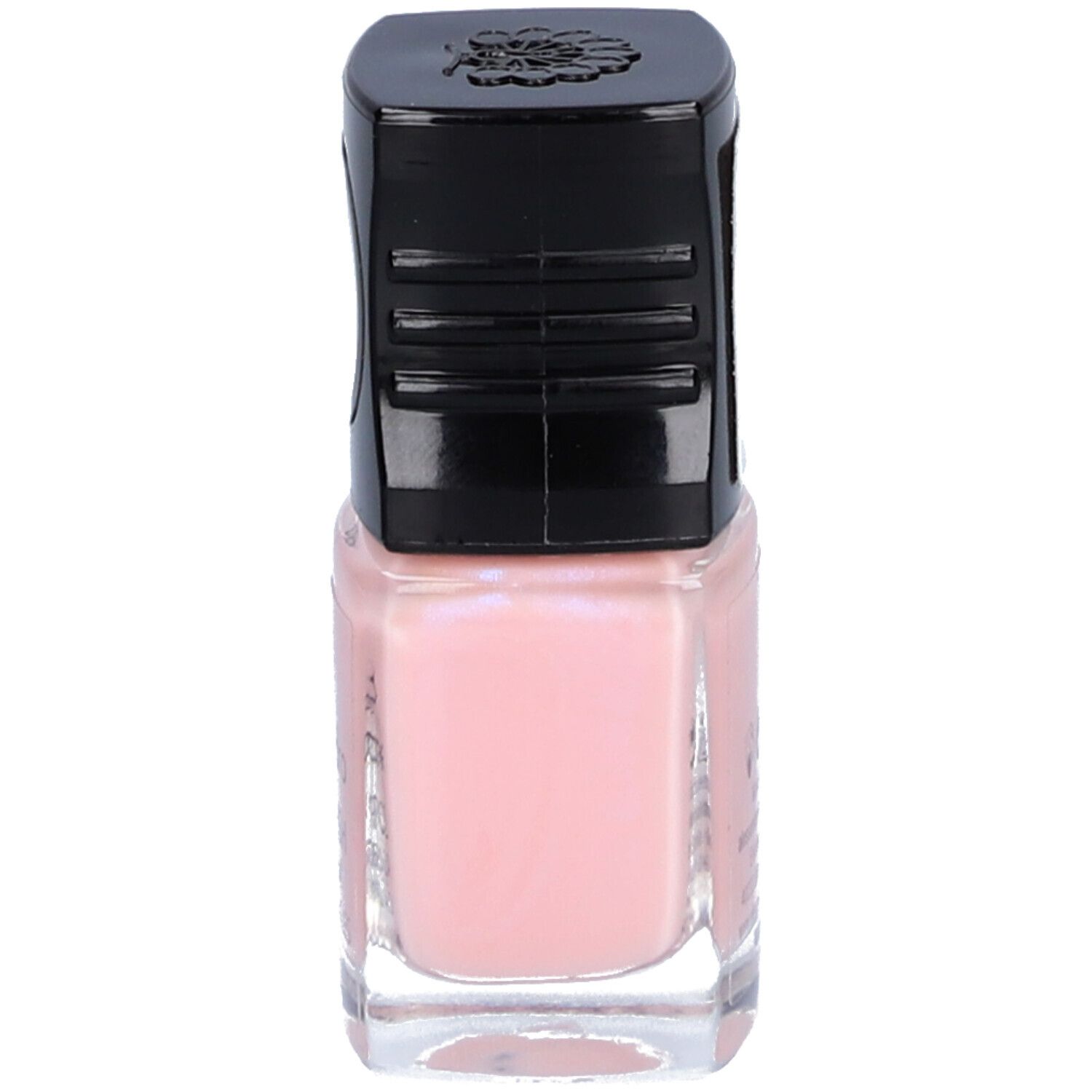 Flacon de vernis à ongles rose avec bouchon noir. Le bouchon a un motif floral.