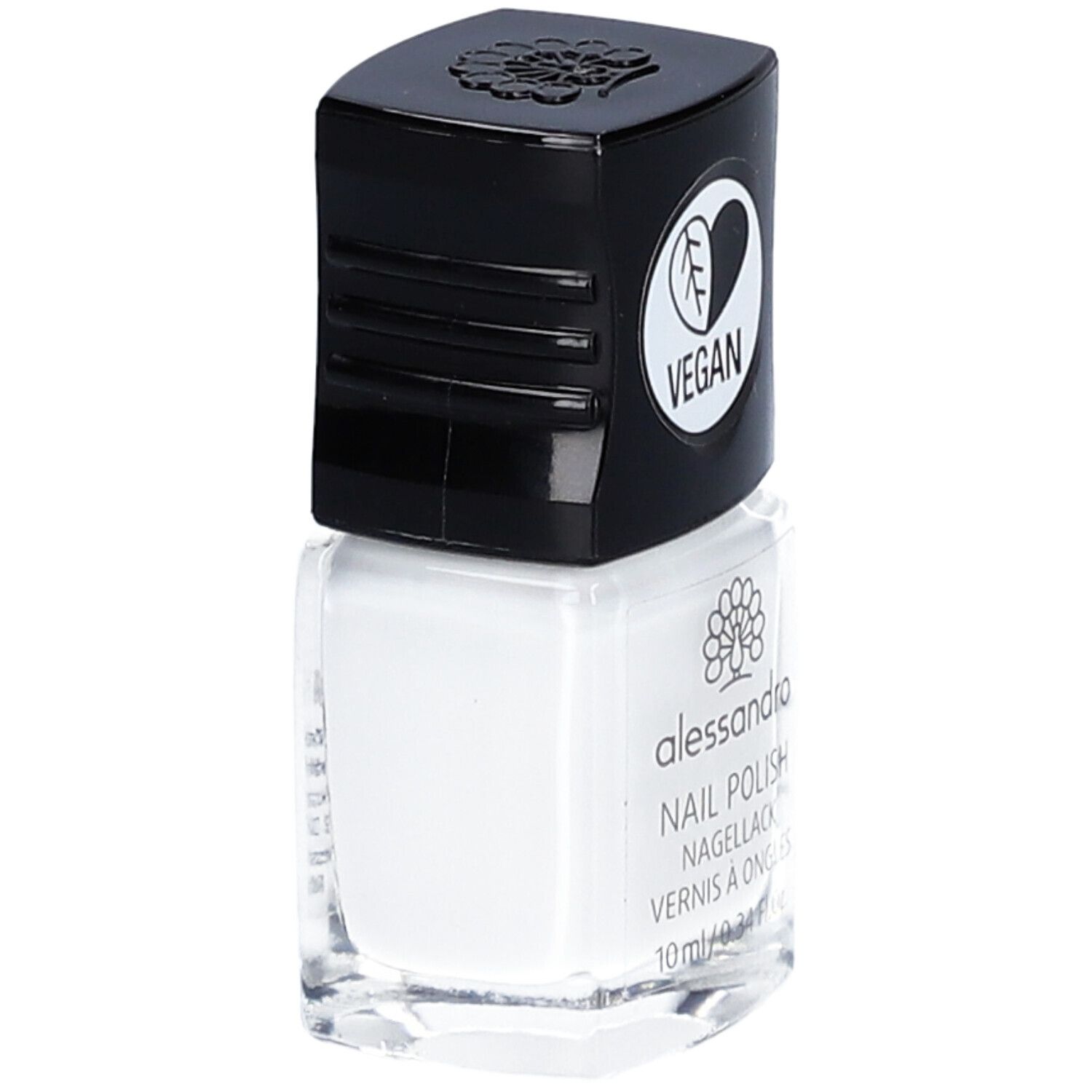 Flacon de vernis à ongles blanc avec bouchon noir. Logo Vegan sur le bouchon. Inscription "alessandro" sur le flacon.