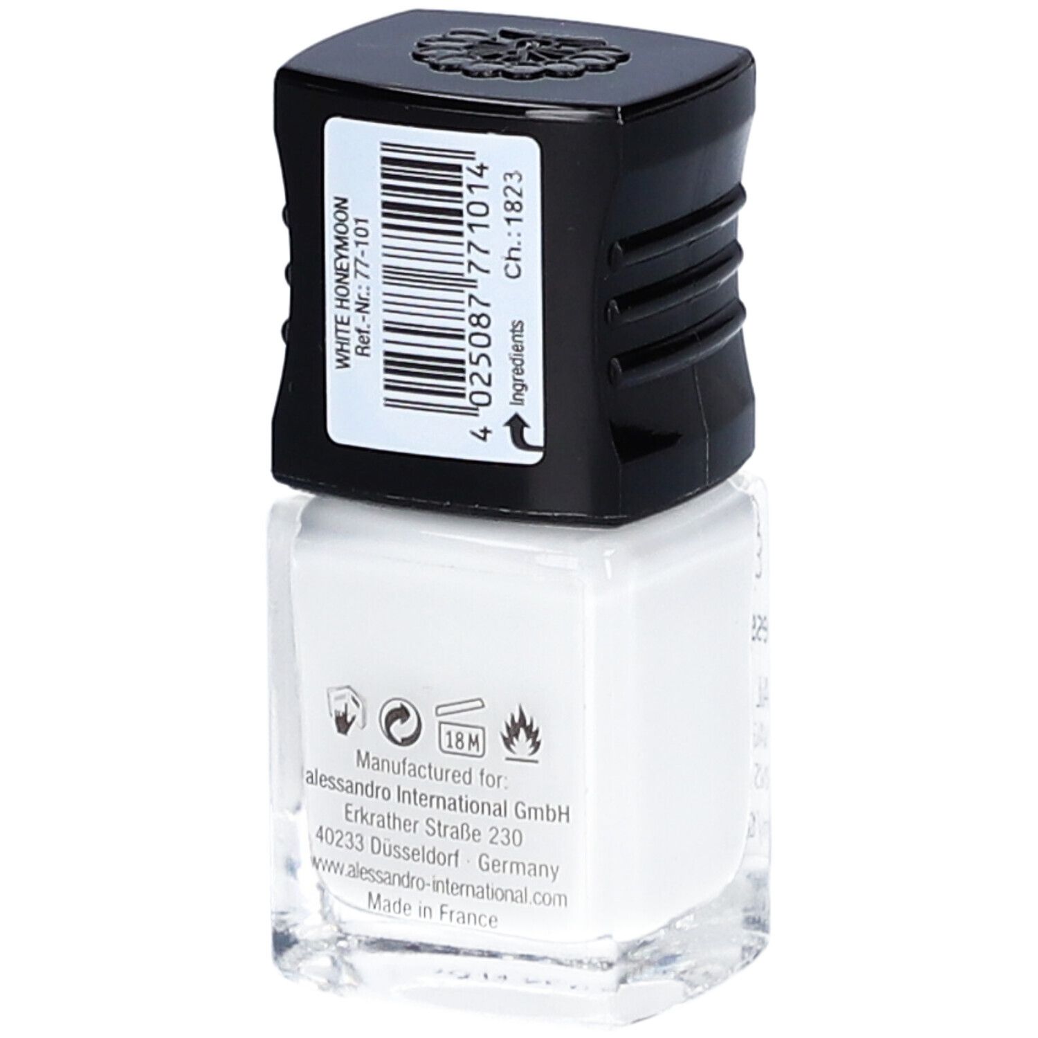 Dos d'un flacon de vernis à ongles blanc avec bouchon noir. Autocollant avec informations produit. Adresse du fabricant et code-barres.