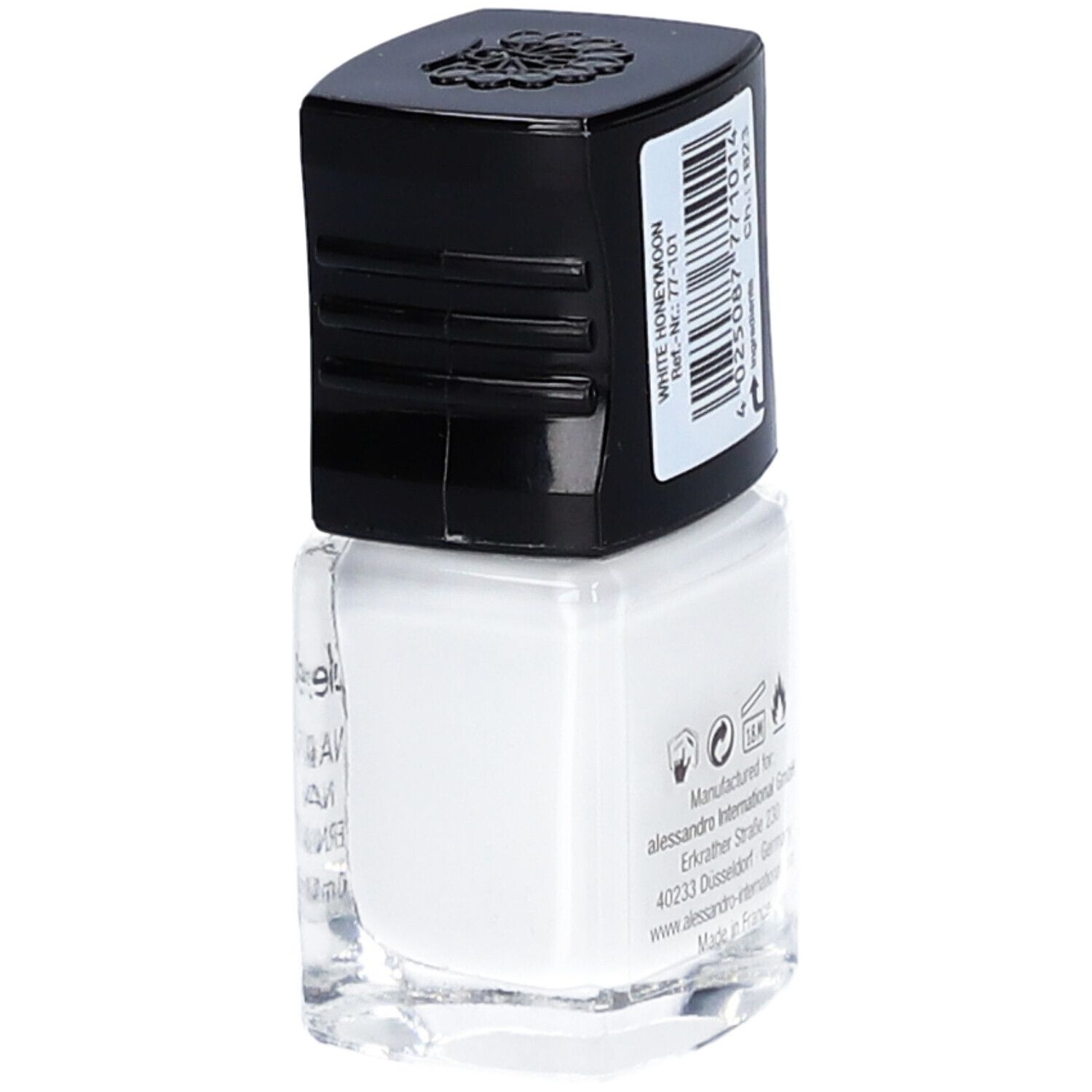 Dos d'un flacon de vernis à ongles blanc avec bouchon noir. Autocollant avec informations produit. Adresse du fabricant et code-barres.
