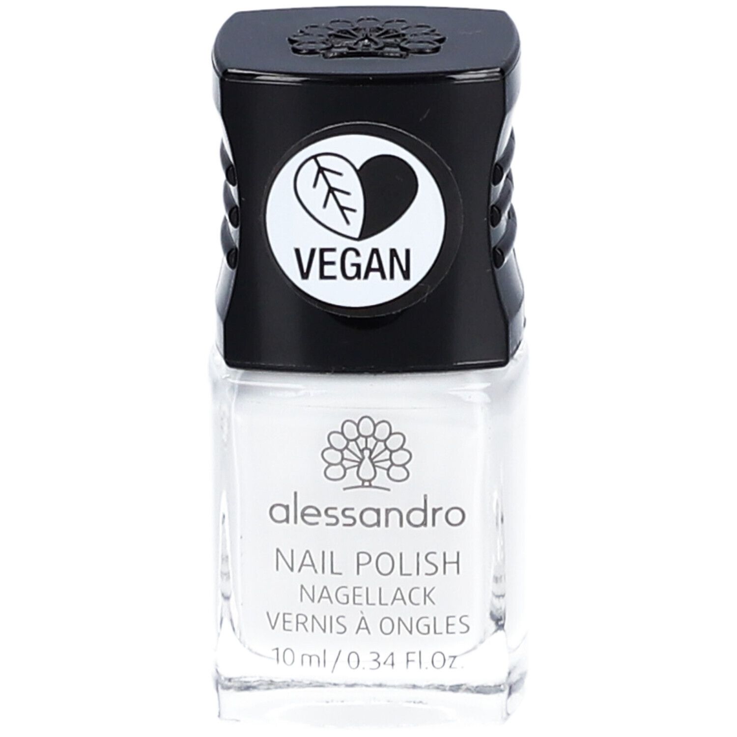 Flacon de vernis à ongles blanc avec bouchon noir. Logo Vegan sur le bouchon. Inscription "alessandro" sur le flacon.