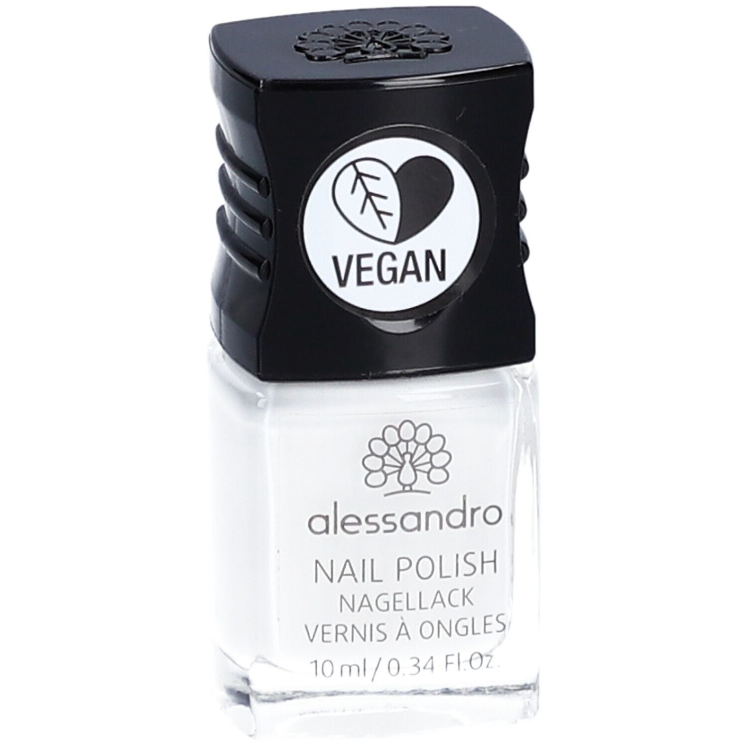 Flacon de vernis à ongles blanc avec bouchon noir. Logo Vegan sur le bouchon. Inscription "alessandro" sur le flacon.