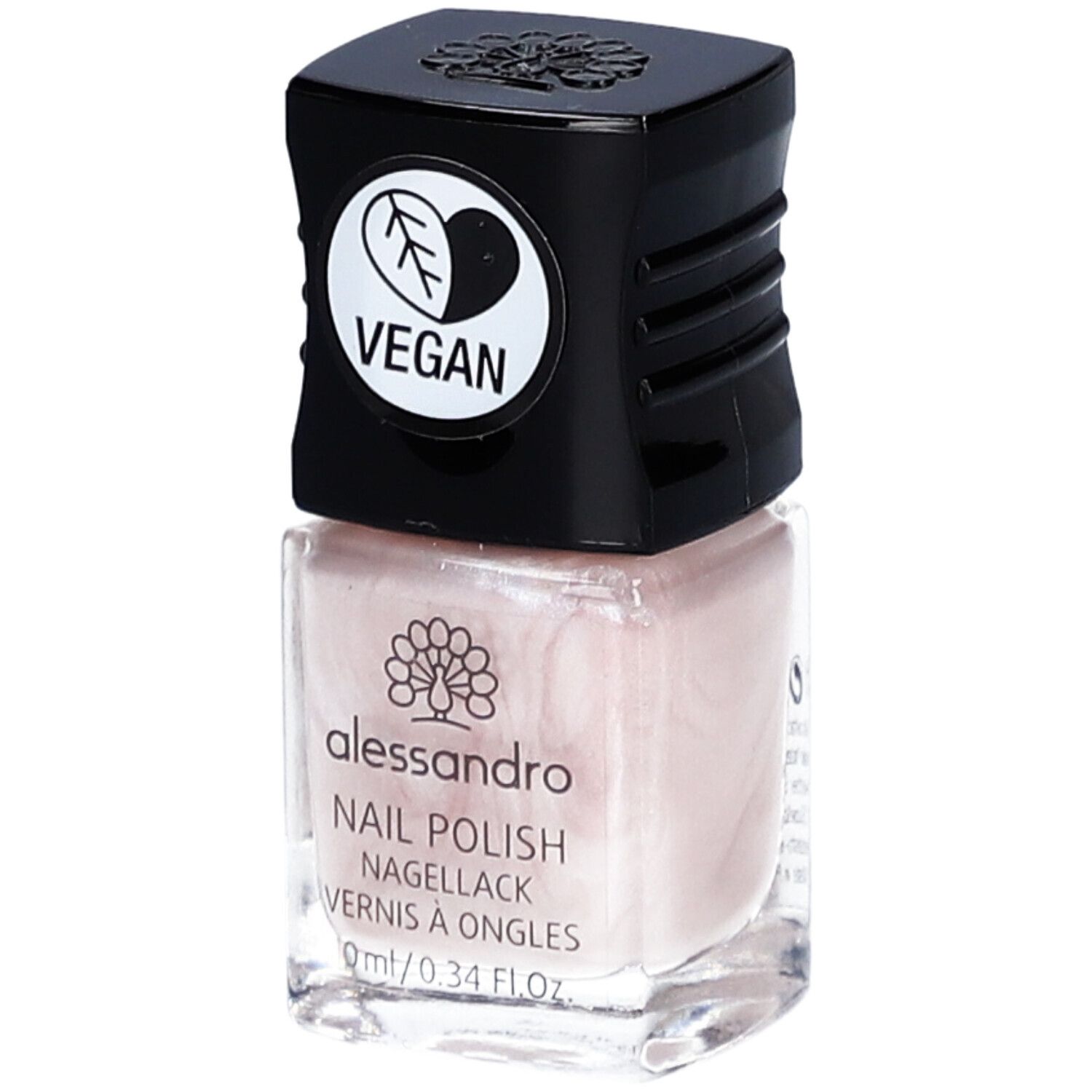 Flacon de vernis à ongles avec bouchon noir. Un sceau végétalien est sur le bouchon. "alessandro" et "Nail Polish" sont sur le flacon.