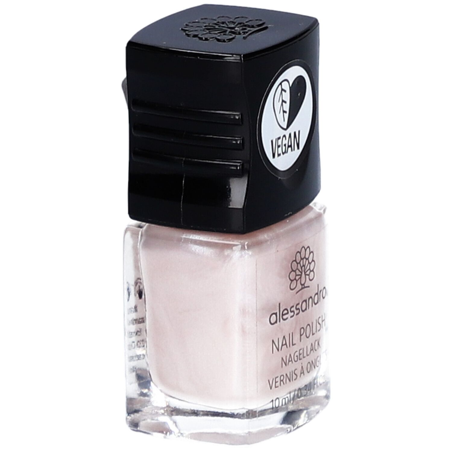 Flacon de vernis à ongles avec bouchon noir. Un sceau végétalien est sur le bouchon. "alessandro" et "Nail Polish" sont sur le flacon.