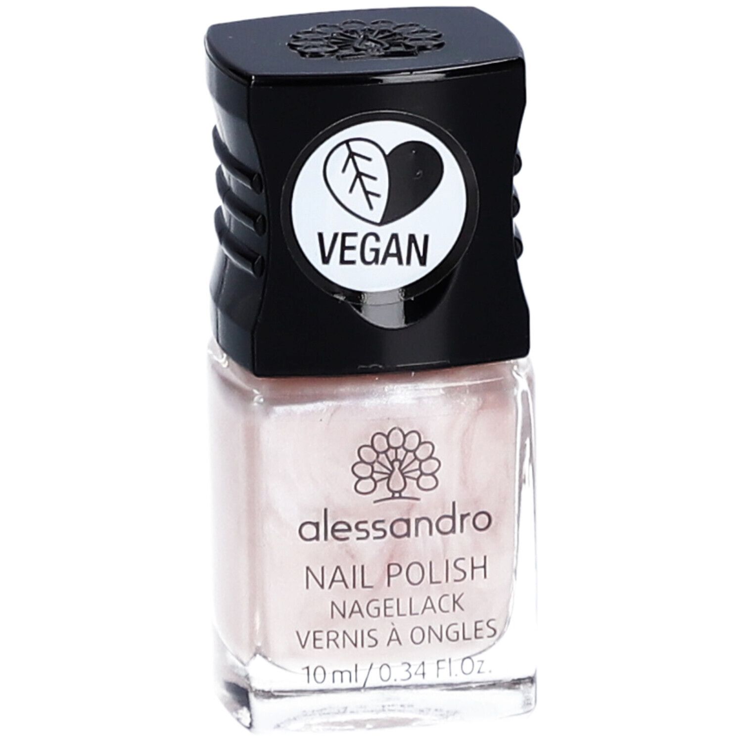Flacon de vernis à ongles avec bouchon noir. Un sceau végétalien est sur le bouchon. "alessandro" et "Nail Polish" sont sur le flacon.
