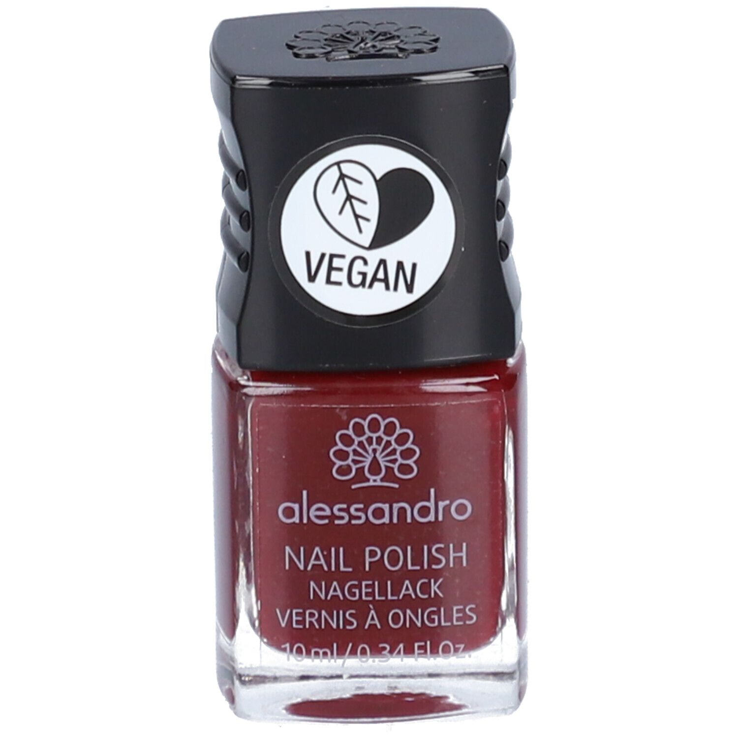 Nagellackflasche mit schwarzem Deckel. Auf dem Etikett steht "alessandro" und "Nail Polish". Die Farbe ist ein dunkles Rot.