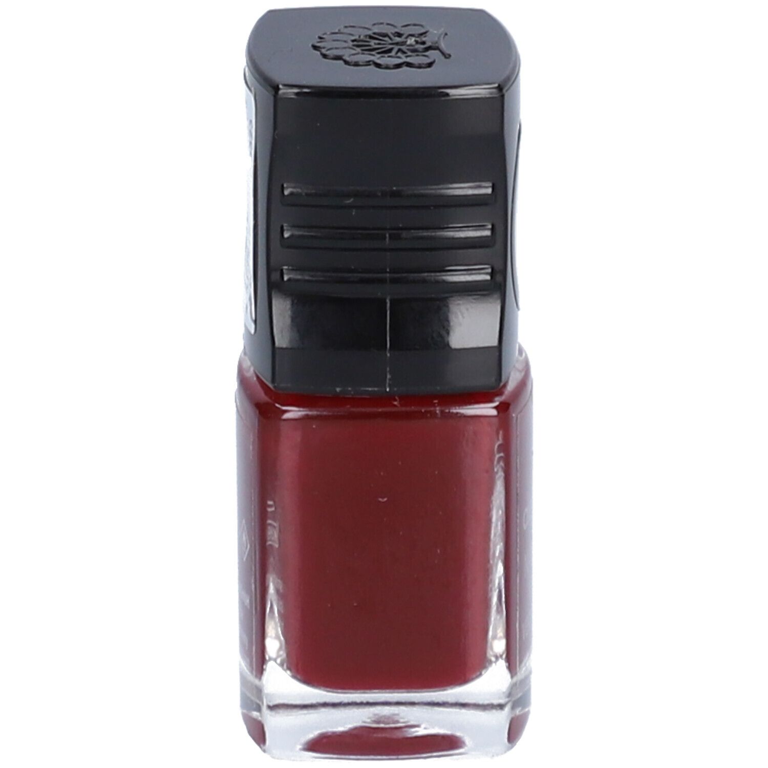 Nagellackflasche mit schwarzem Deckel. Die Farbe des Nagellacks ist ein dunkles Rot.