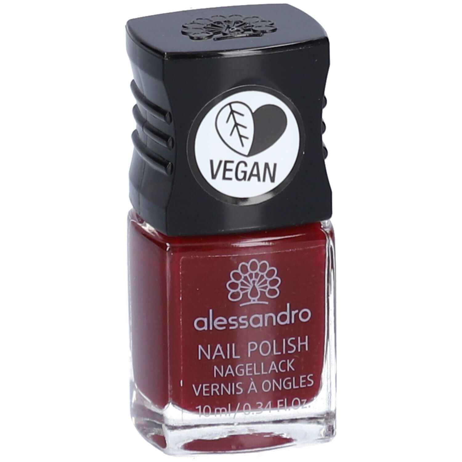 Nagellackflasche mit schwarzem Deckel. Auf dem Etikett steht "alessandro" und "Nail Polish". Die Farbe ist ein dunkles Rot.