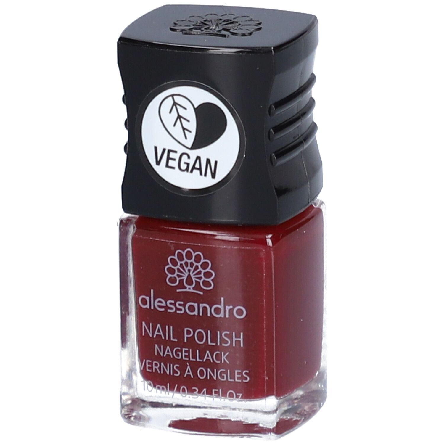 Nagellackflasche mit schwarzem Deckel. Auf dem Etikett steht "alessandro" und "Nail Polish". Die Farbe ist ein dunkles Rot.
