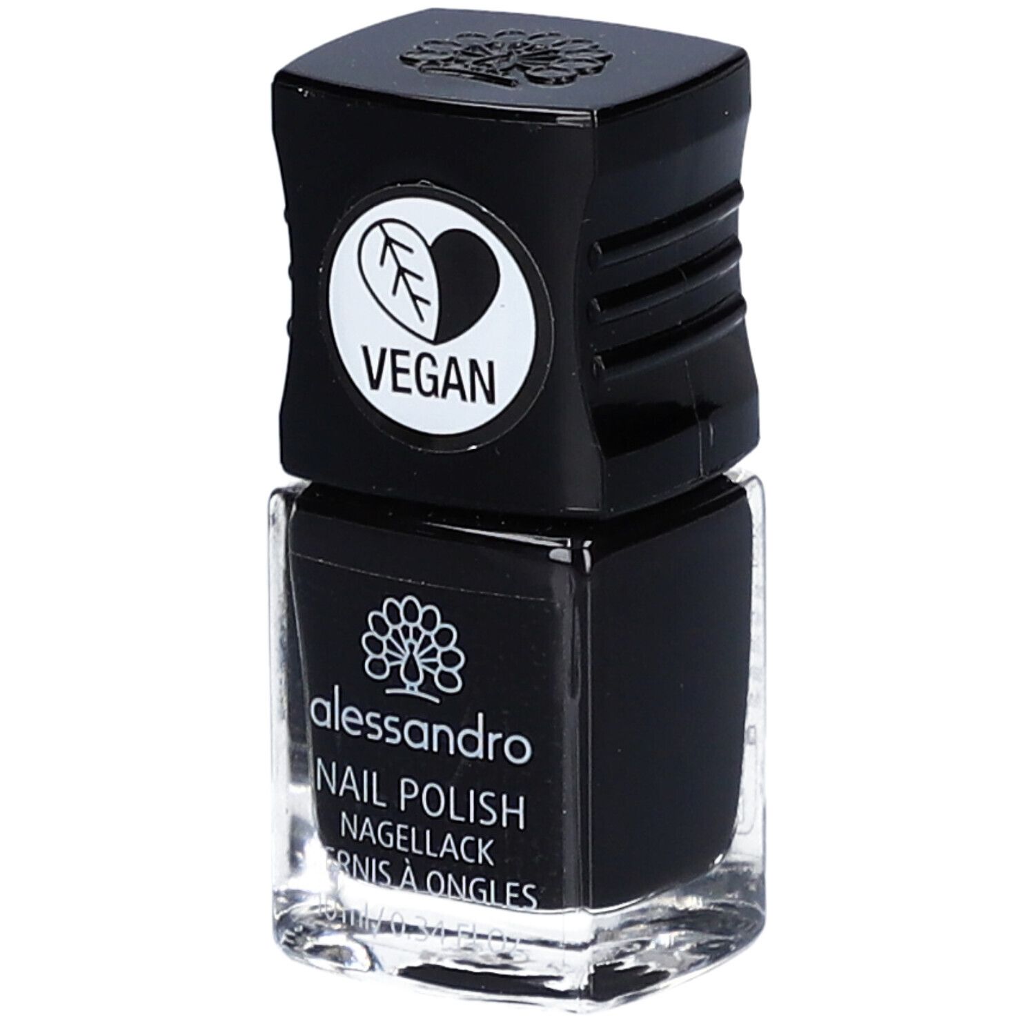 Schwarzer Nagellackflakon mit schwarzem Deckel. Auf dem Deckel befindet sich ein Vegan-Siegel. Auf dem Flakon steht "alessandro".