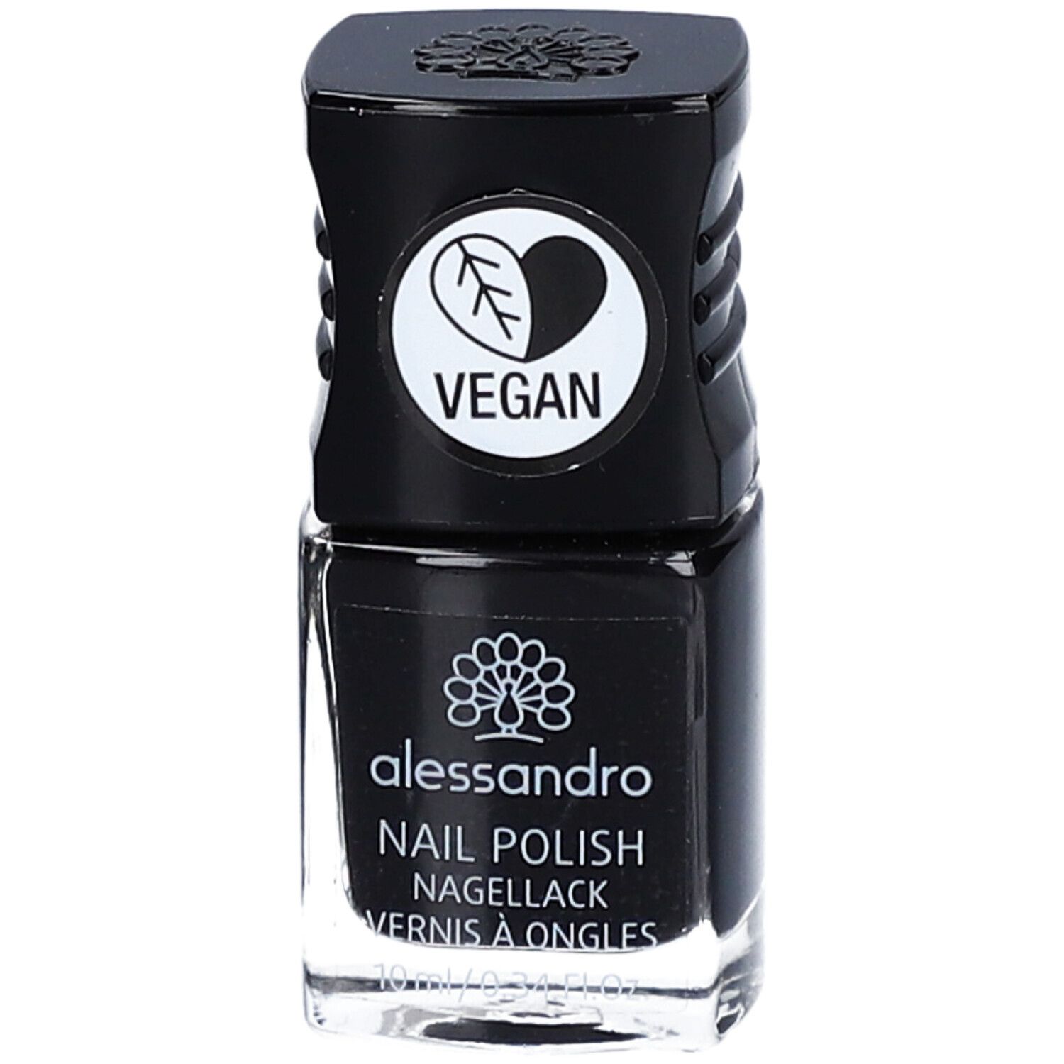 Schwarzer Nagellackflakon mit schwarzem Deckel. Auf dem Deckel befindet sich ein Vegan-Siegel. Auf dem Flakon steht "alessandro".