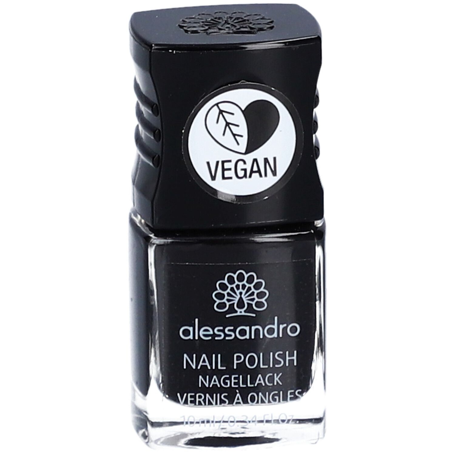 Schwarzer Nagellackflakon mit schwarzem Deckel. Auf dem Deckel befindet sich ein Vegan-Siegel. Auf dem Flakon steht "alessandro".