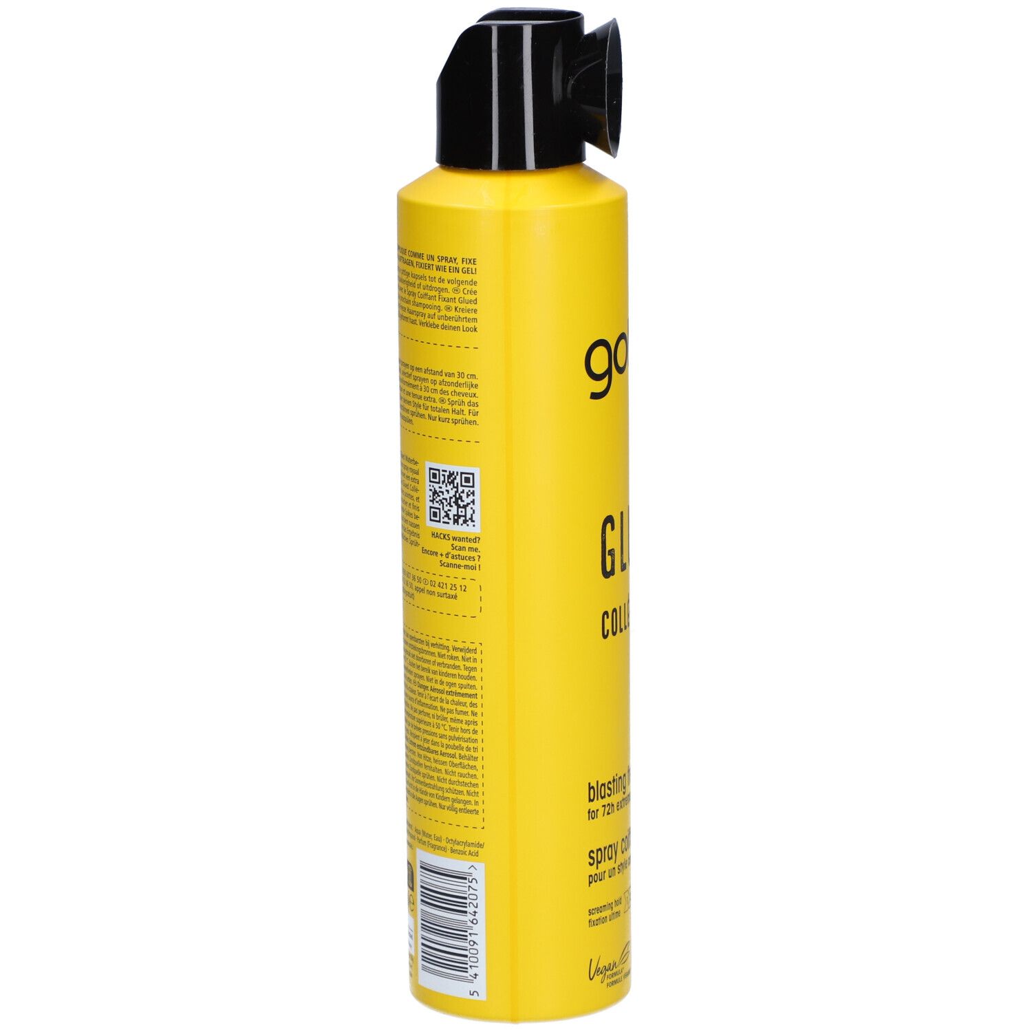 Flacon spray jaune, vue latérale. Tête noire. Texte et code QR au dos. Logo vegan.
