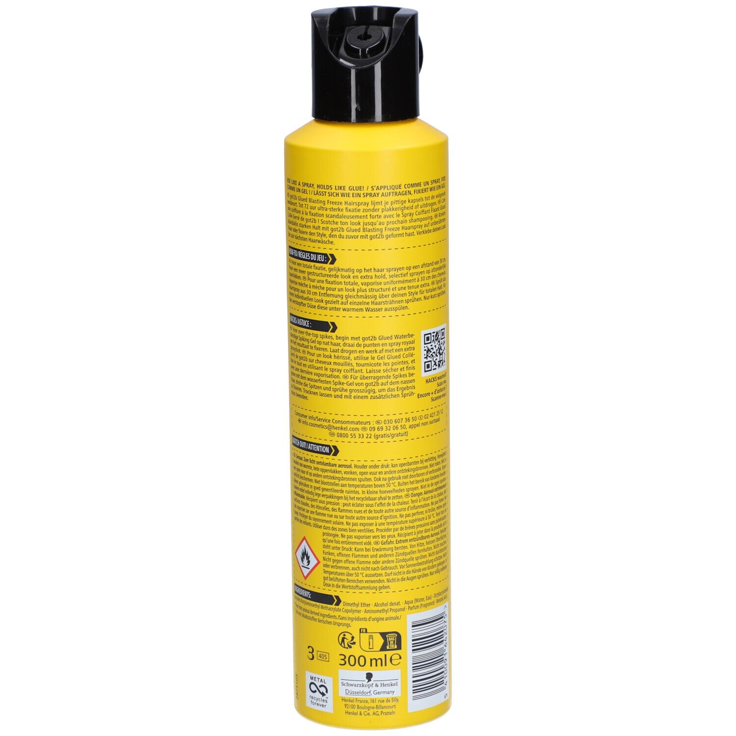 Flacon spray jaune, vue arrière. Tête noire. Texte, code QR et logos. Volume: 300 ml. Logo vegan.