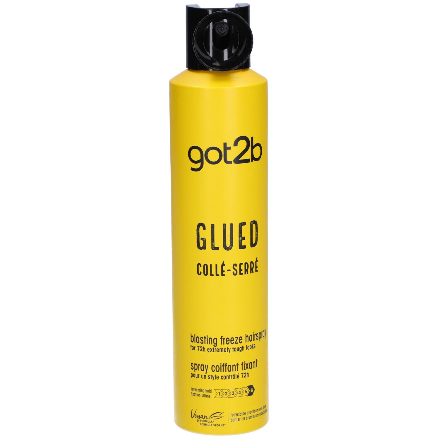 Flacon spray jaune avec tête noire. Inscription: got2b GLUED COLLÉ-SERRÉ. Texte: blasting freeze hairspray. Logo vegan.