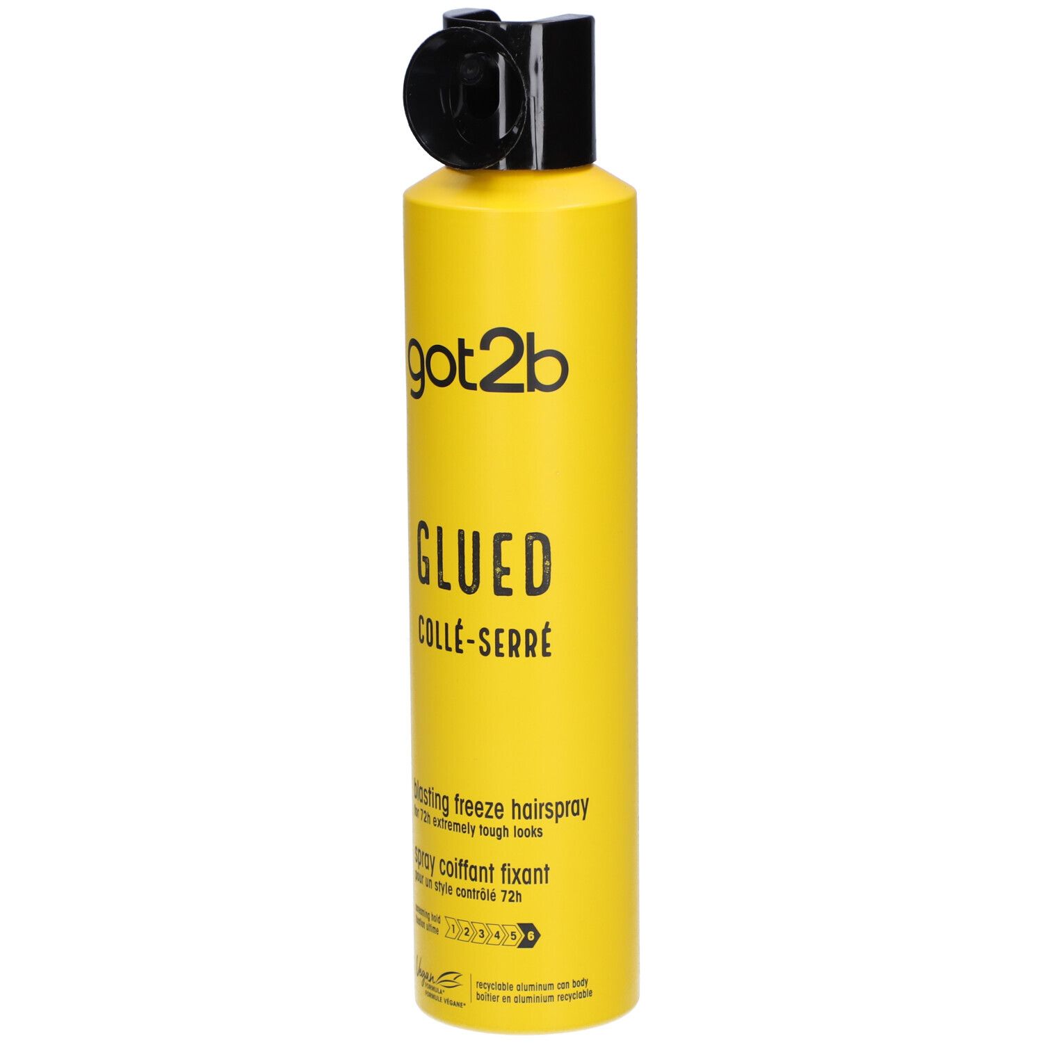 Flacon spray jaune avec tête noire. Inscription: got2b GLUED COLLÉ-SERRÉ. Texte: blasting freeze hairspray. Logo vegan.