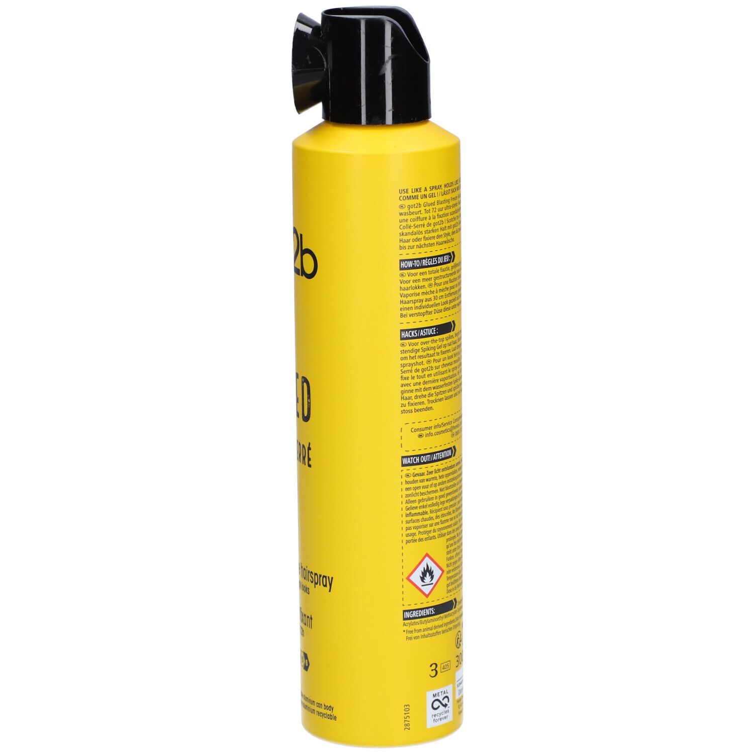 Flacon spray jaune, vue latérale. Tête noire. Texte au dos. Logo vegan.