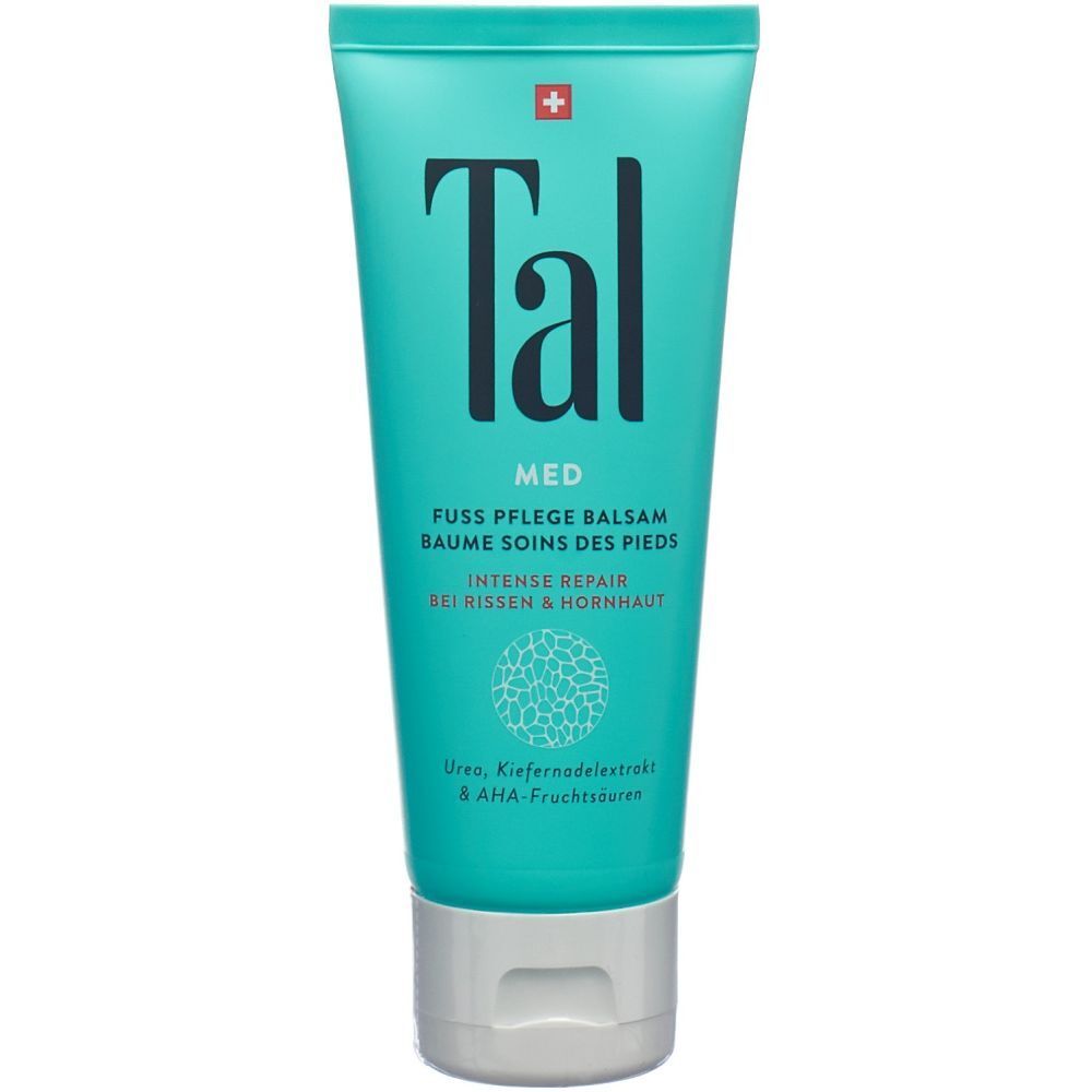 Türkisfarbene Tube mit weißem Deckel. Aufschrift: Tal, Med, Fußpflege Balsam, Intense Repair. Schweizer Kreuz.