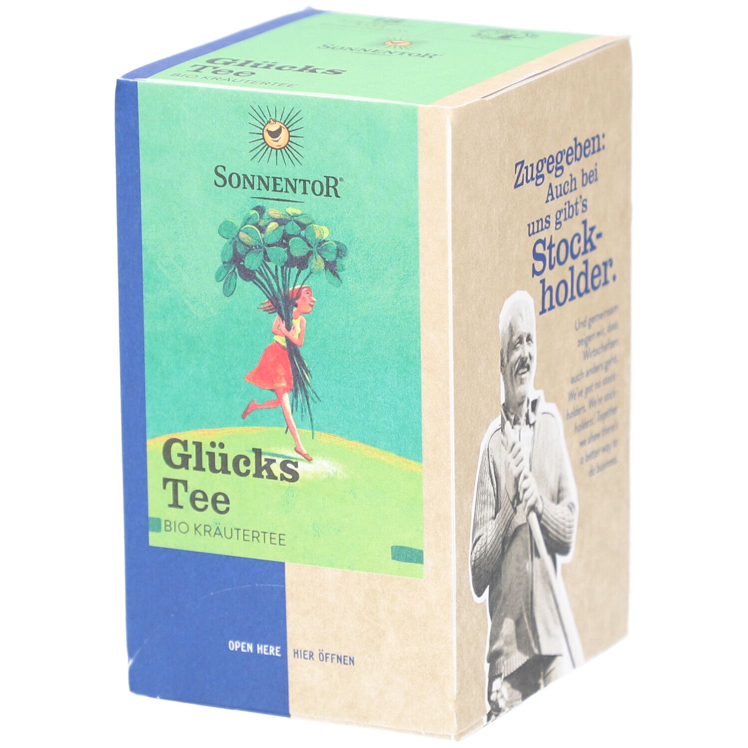 Karton mit Glücks Tee. Aufdruck: Mädchen mit Kleeblättern, Sonnenlogo, Text. Grün, Blau, Beige.