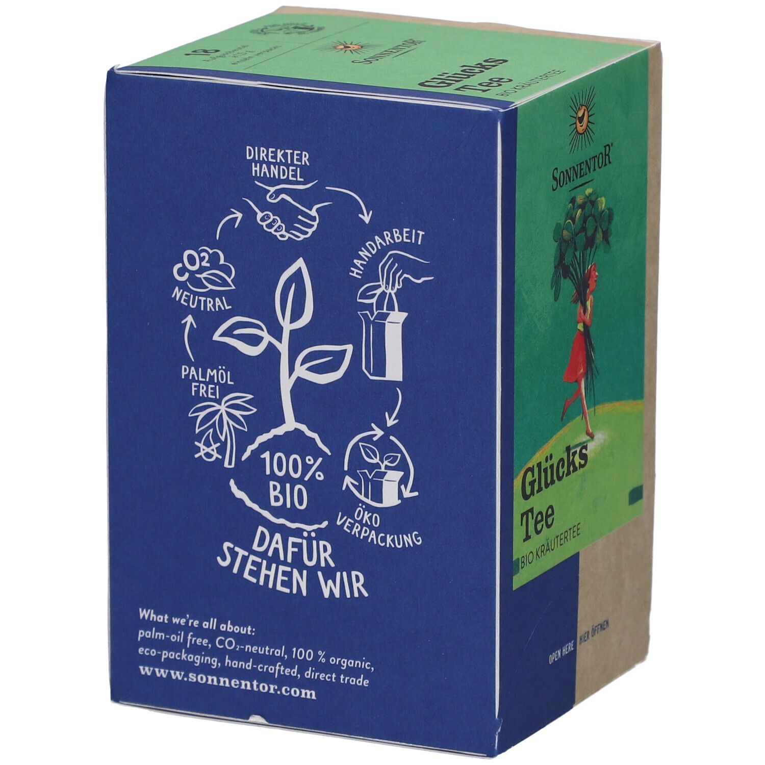 Karton mit Glücks Tee. Rückseite mit Text und Illustrationen. Grün, Blau, Beige. Palmölfrei, Bio, Öko-Verpackung.