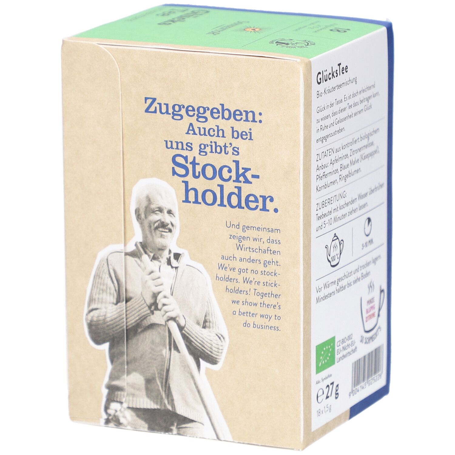Karton mit Glücks Tee. Seite mit Text und Illustrationen. Grün, Blau, Beige. Bio-Siegel, 27g.