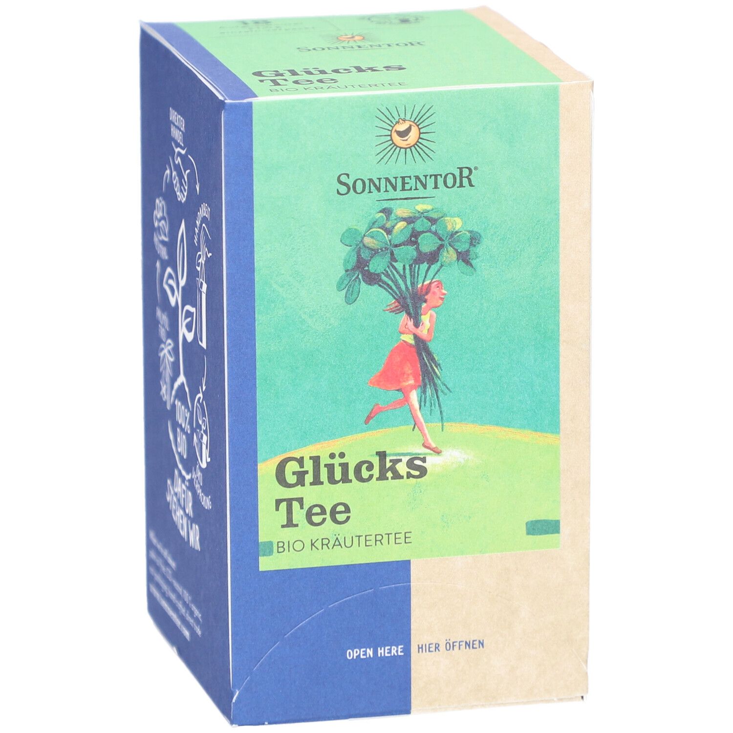 Karton mit Glücks Tee. Vorderseite mit Mädchen, Kleeblättern, Sonnenlogo, Text. Grün, Blau, Beige.