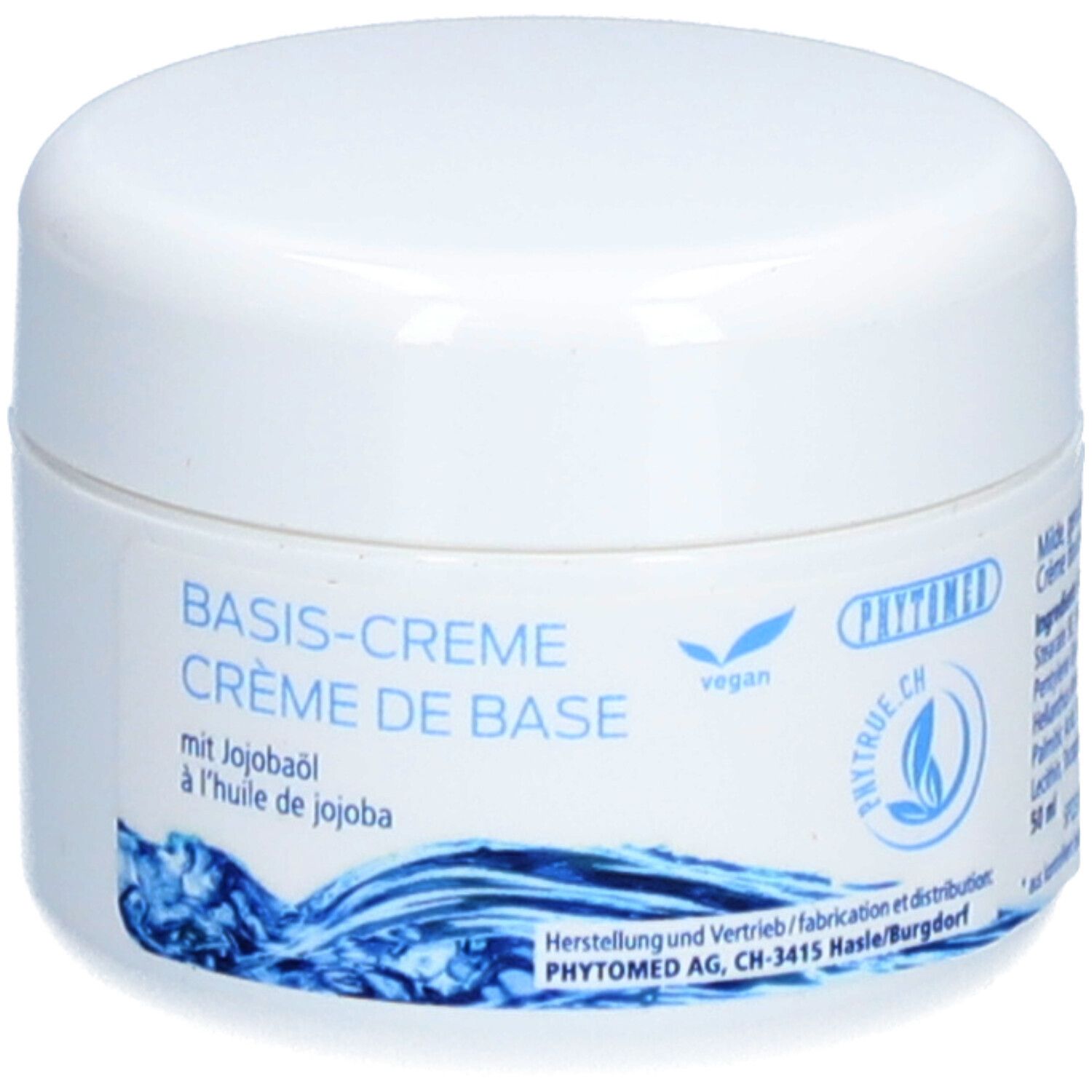 Weiße Dose mit Deckel. Aufschrift: BASIS-CREME, CRÈME DE BASE, mit Jojobaöl. Vegan-Siegel. Logo von PHYTRUE.ch.