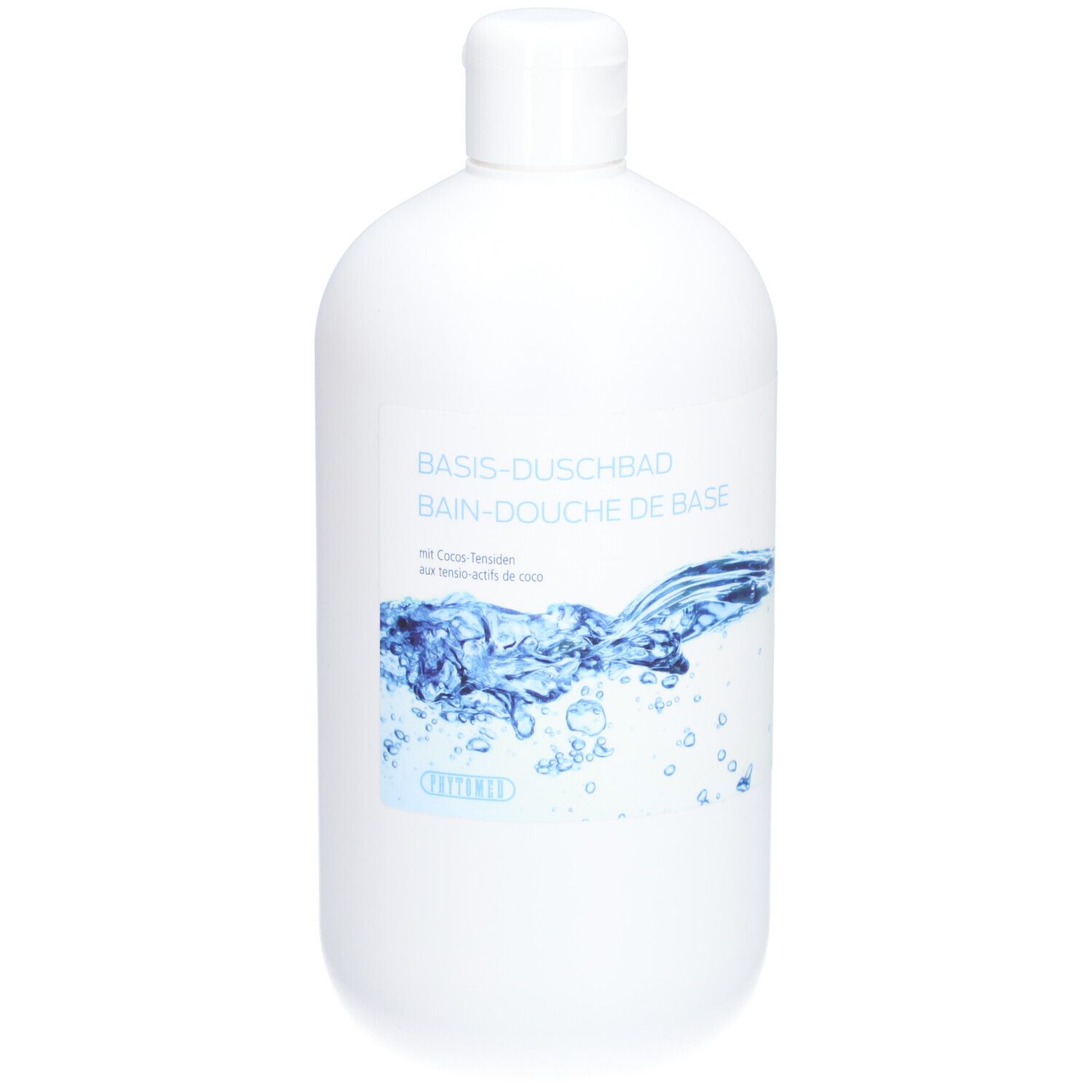 Weiße Flasche mit blauem Etikett. Aufschrift: BASIS-DUSCHBAD, BAIN-DOUCHE DE BASE. Wasser-Grafik.