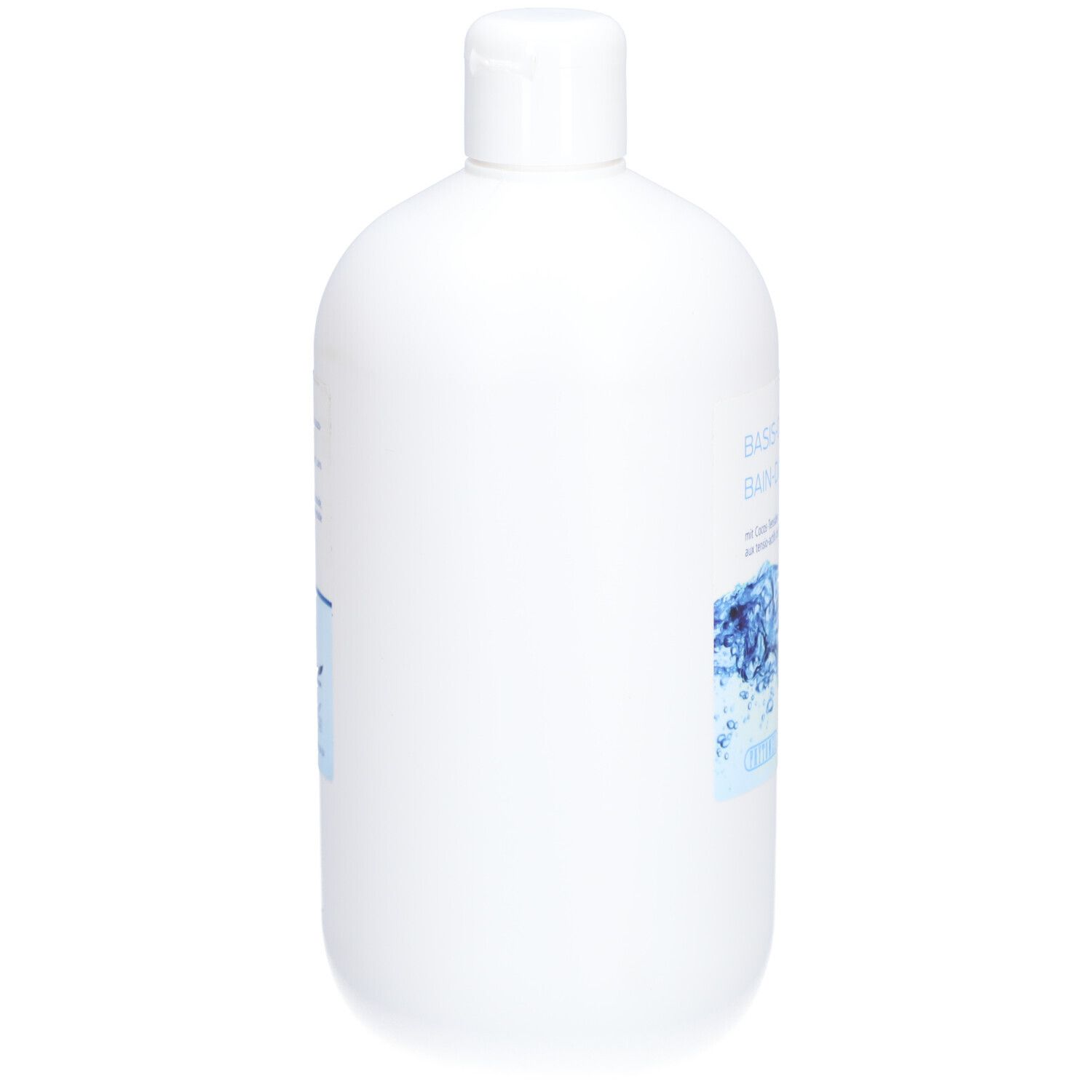Weiße Flasche, Seitenansicht. Etikett mit Text und Wasser-Grafik. Weißer Schraubverschluss.