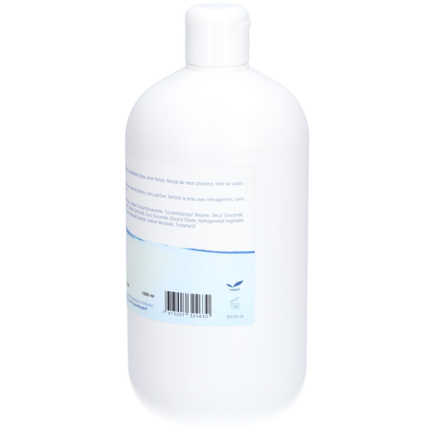 Weiße Flasche, Rückseite. Etikett mit Text, Barcode und Inhaltsstoffen. Weißer Schraubverschluss.