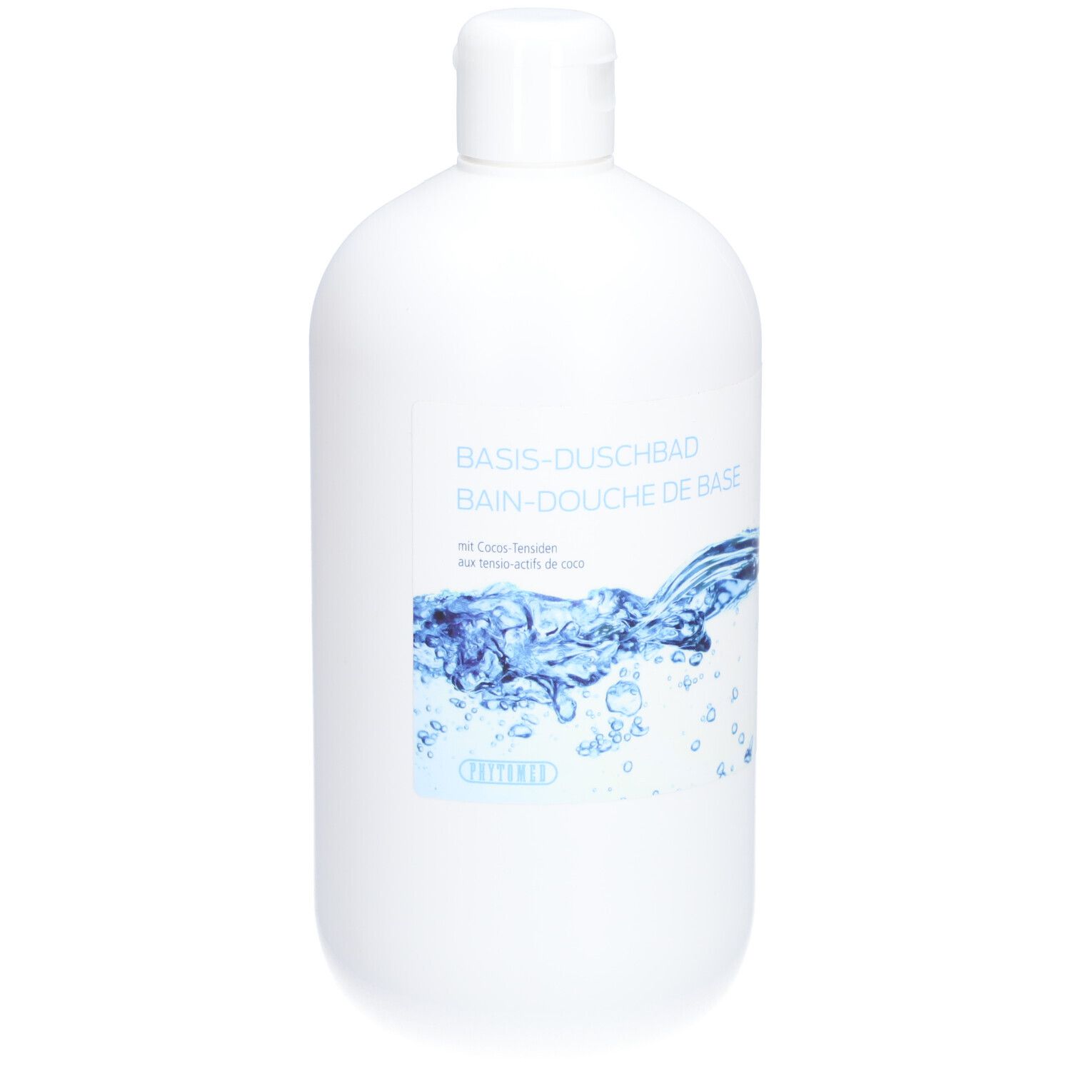 Weiße Flasche mit blauem Etikett. Aufschrift: BASIS-DUSCHBAD, BAIN-DOUCHE DE BASE. Wasser-Grafik.