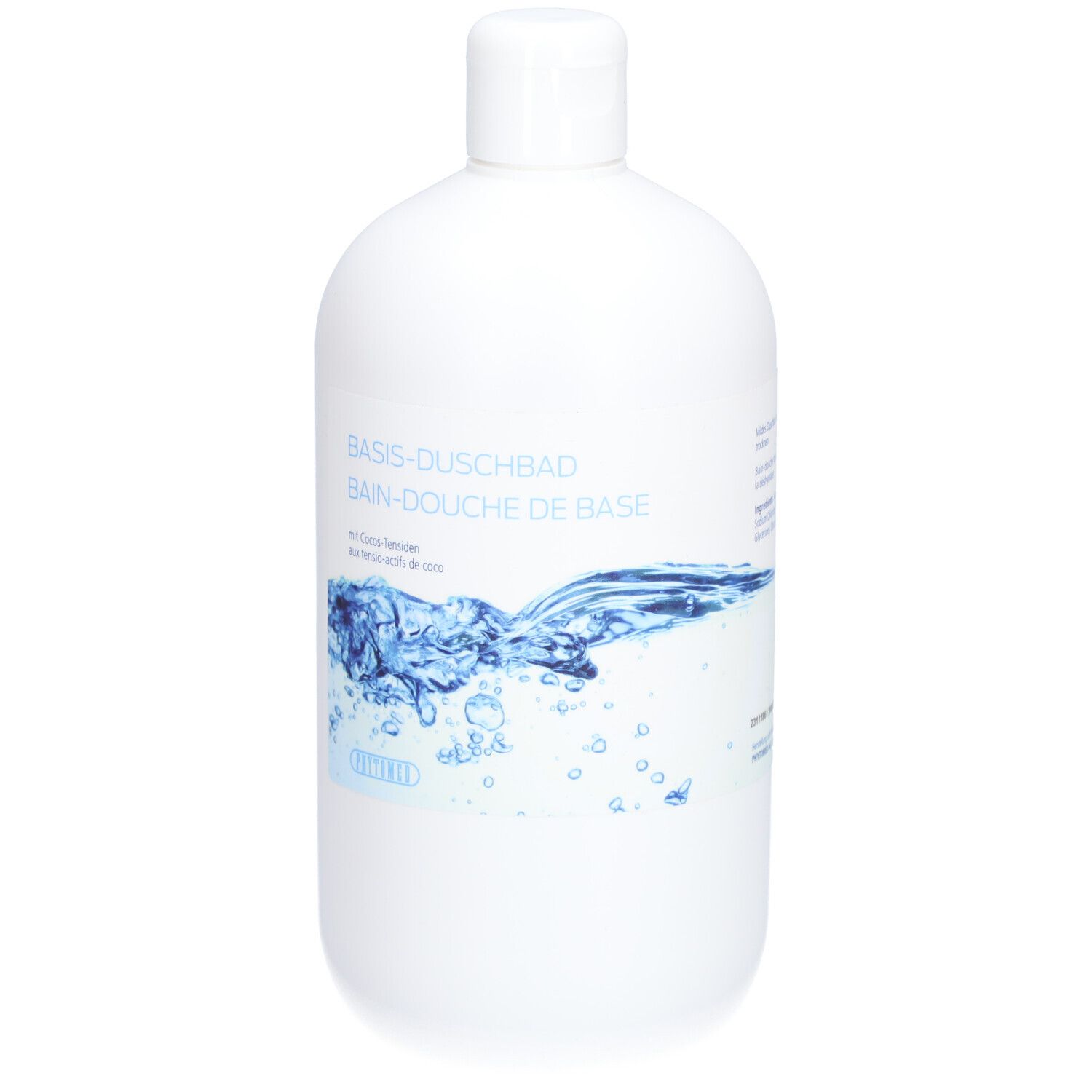 Weiße Flasche mit blauem Etikett. Aufschrift: BASIS-DUSCHBAD, BAIN-DOUCHE DE BASE. Wasser-Grafik.