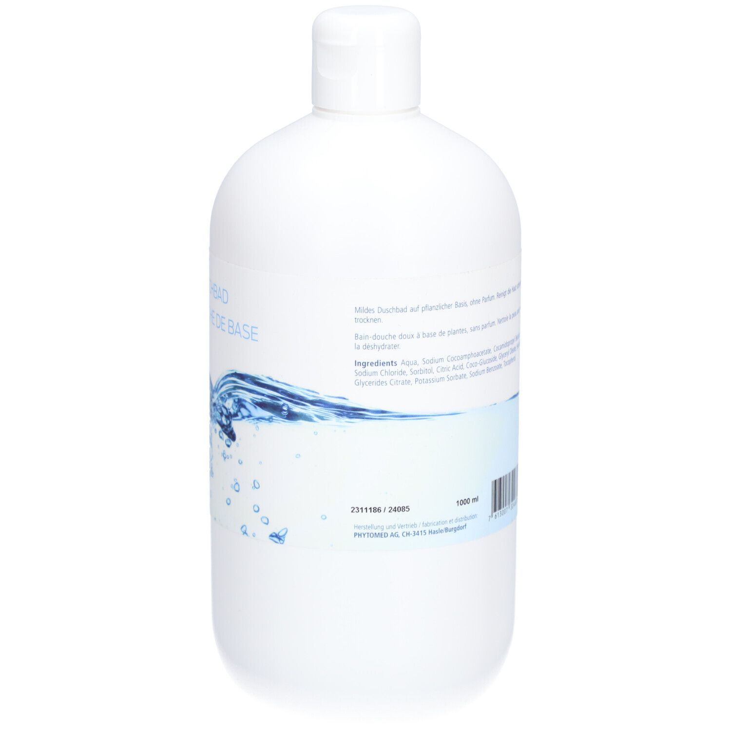 Weiße Flasche, Rückseite. Etikett mit Text, Barcode und Inhaltsstoffen. Weißer Schraubverschluss.