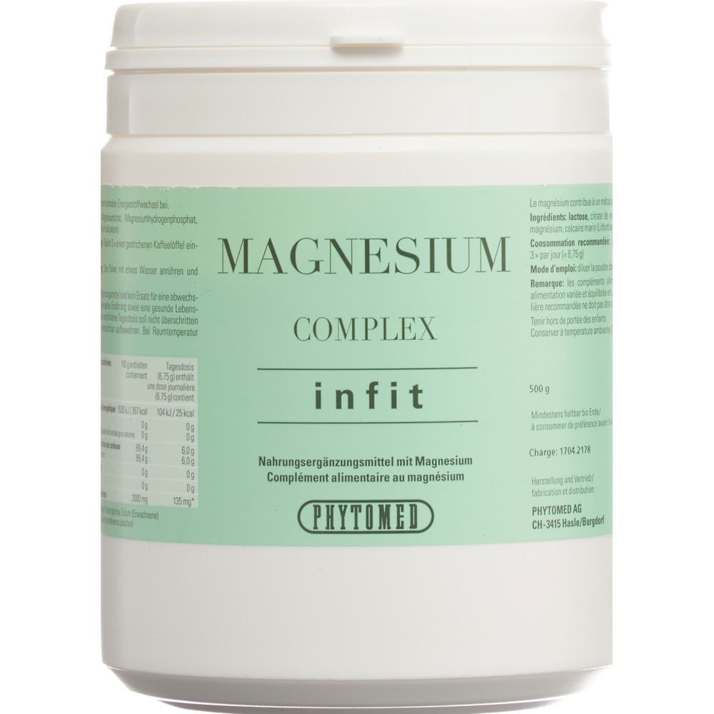 Weißer Behälter mit grünem Etikett. Aufschrift: Magnesium Complex infit. Nahrungsergänzungsmittel mit Magnesium. PHYTOMED.