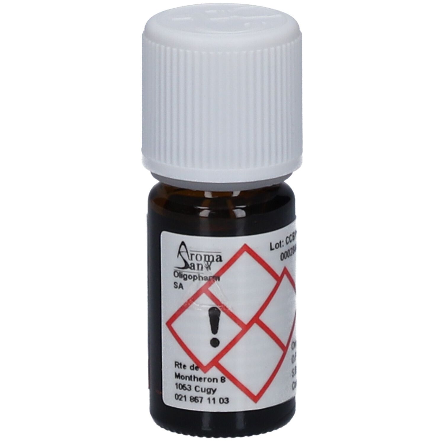 Braune Glasflasche mit weißem Deckel. Etikett mit Logo, Gefahrensymbol und Text: AromaSan, Oligopharm SA.