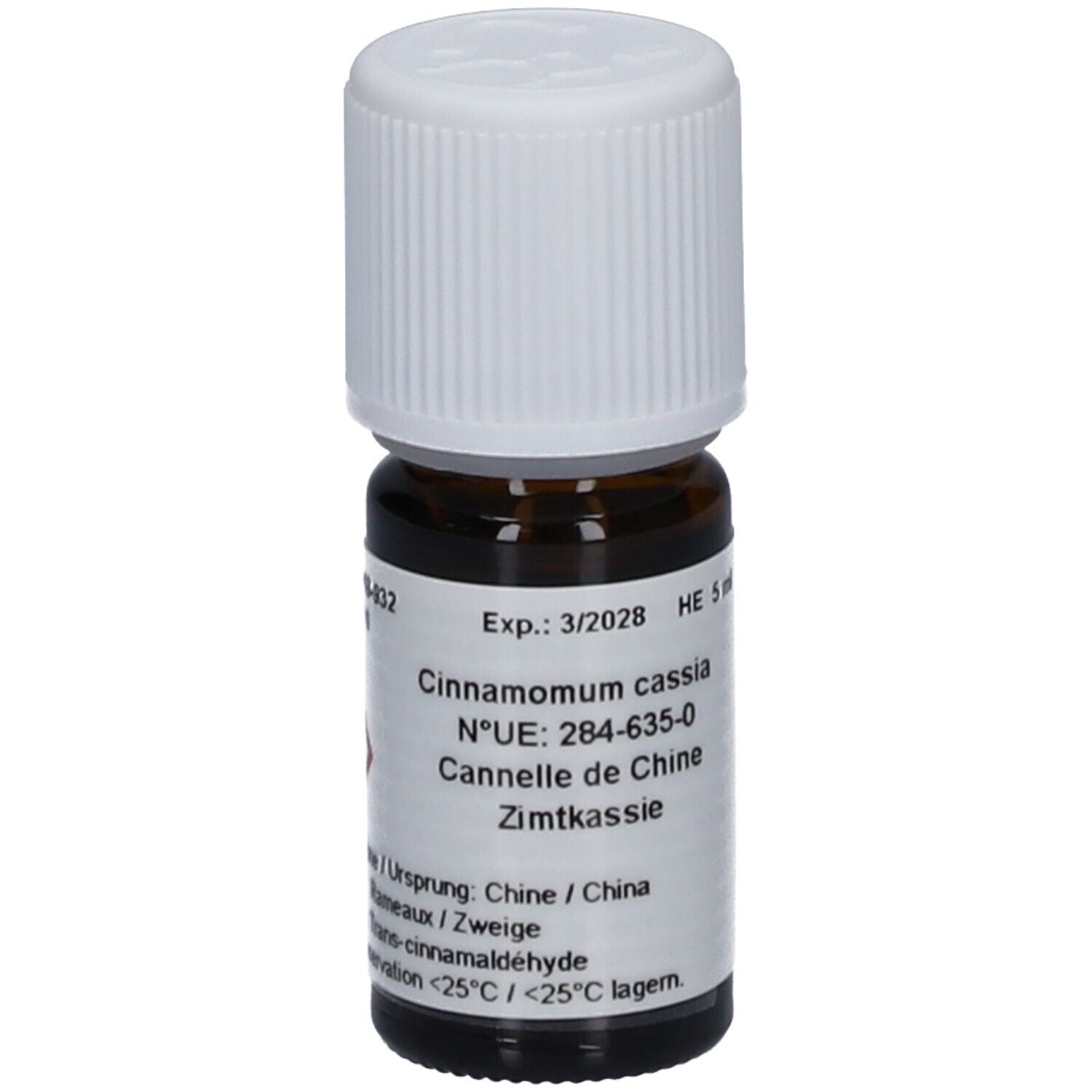 Braune Glasflasche mit weißem Deckel. Etikett mit Text: Cinnamomum cassia, Zimtkassie. HE 5 ml.