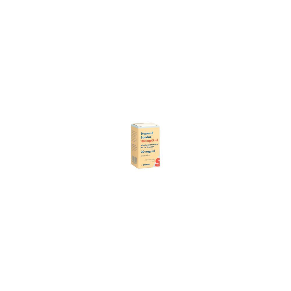 Karton mit Produktinformationen. Aufschrift: ETOPOSID Sandoz 100 mg/5 ml. Beige und weiße Farbgebung. Rotes Logo.