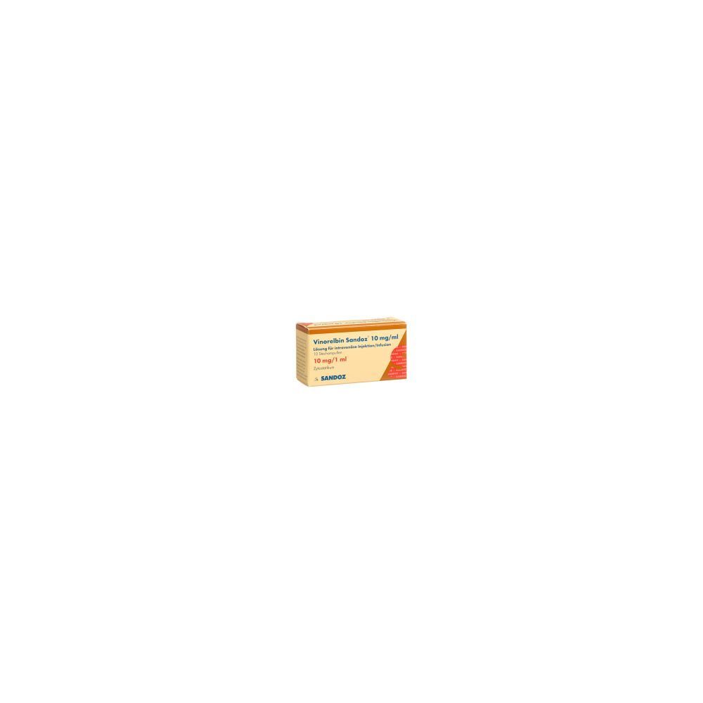 Karton mit Produktinformationen. Aufschrift: Vinorelbin Sandoz 10 mg/ml. Herstellerlogo Sandoz.
