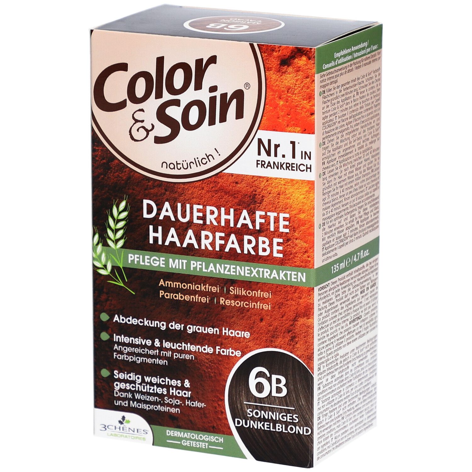 Color & Soin® 6B. Blond foncé ensoleillé. Boîte avec informations et logo.