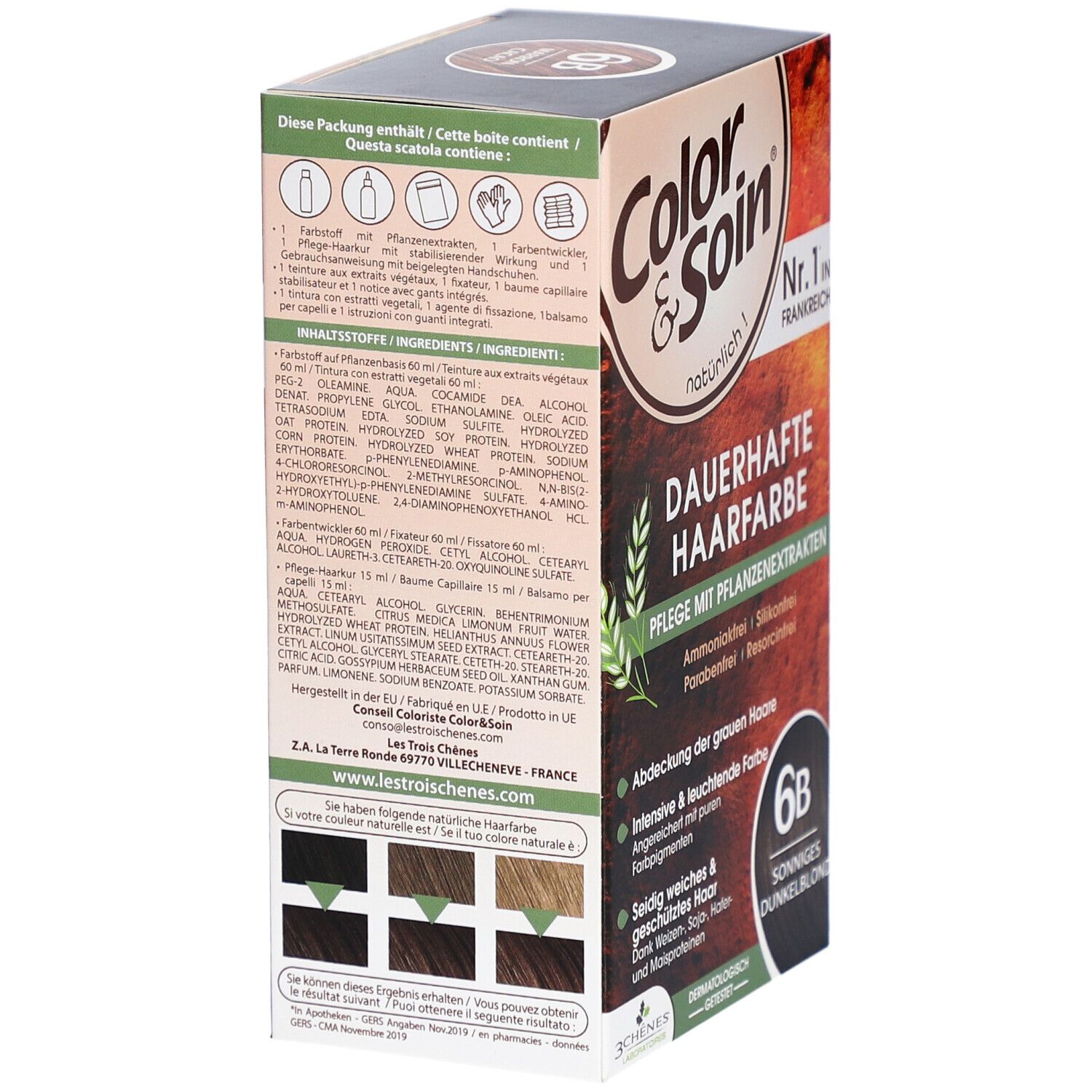 Dos de la boîte Color & Soin®. Ingrédients, instructions et exemples de couleurs.