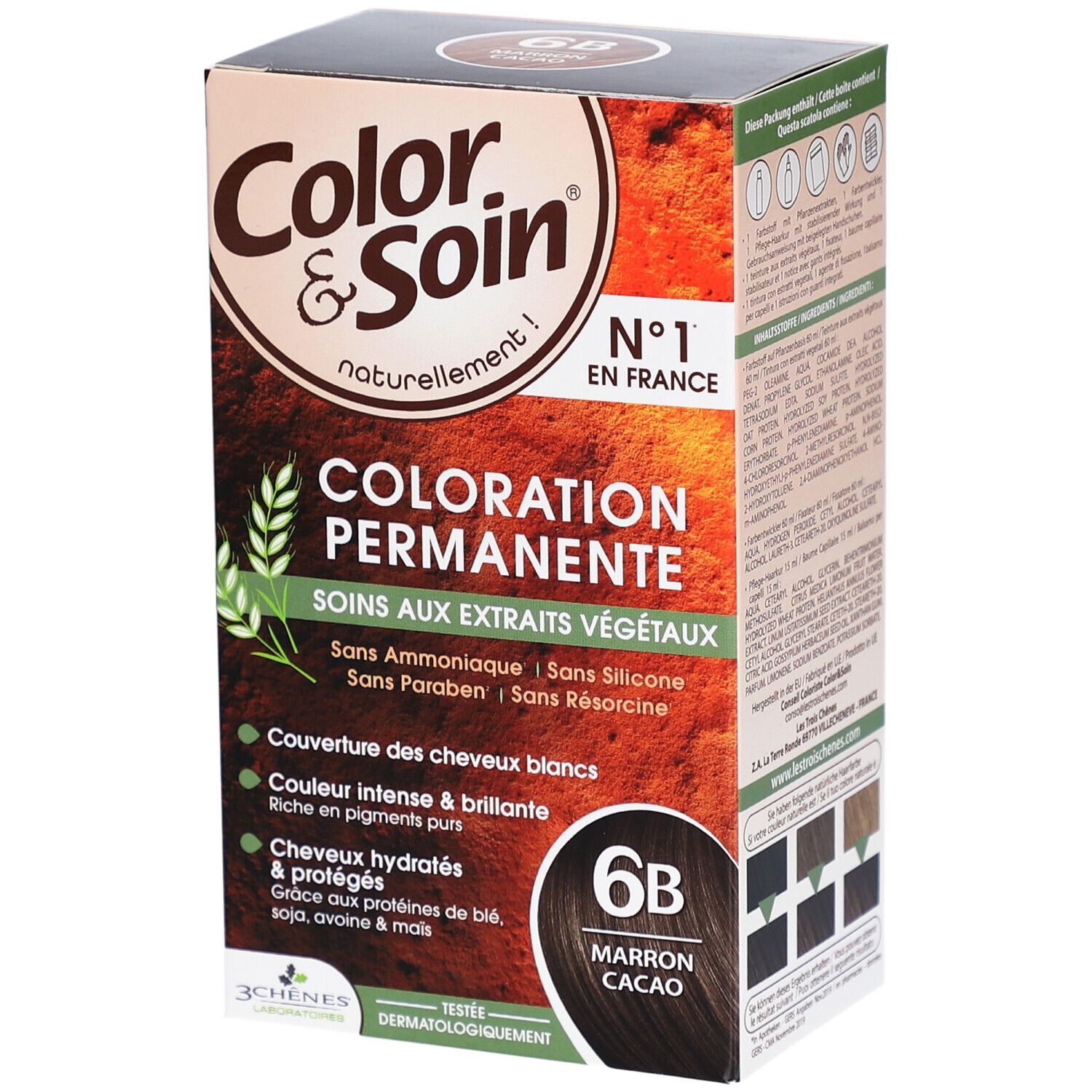 Color & Soin® 6B. Marron Cacao. Boîte avec informations et logo.