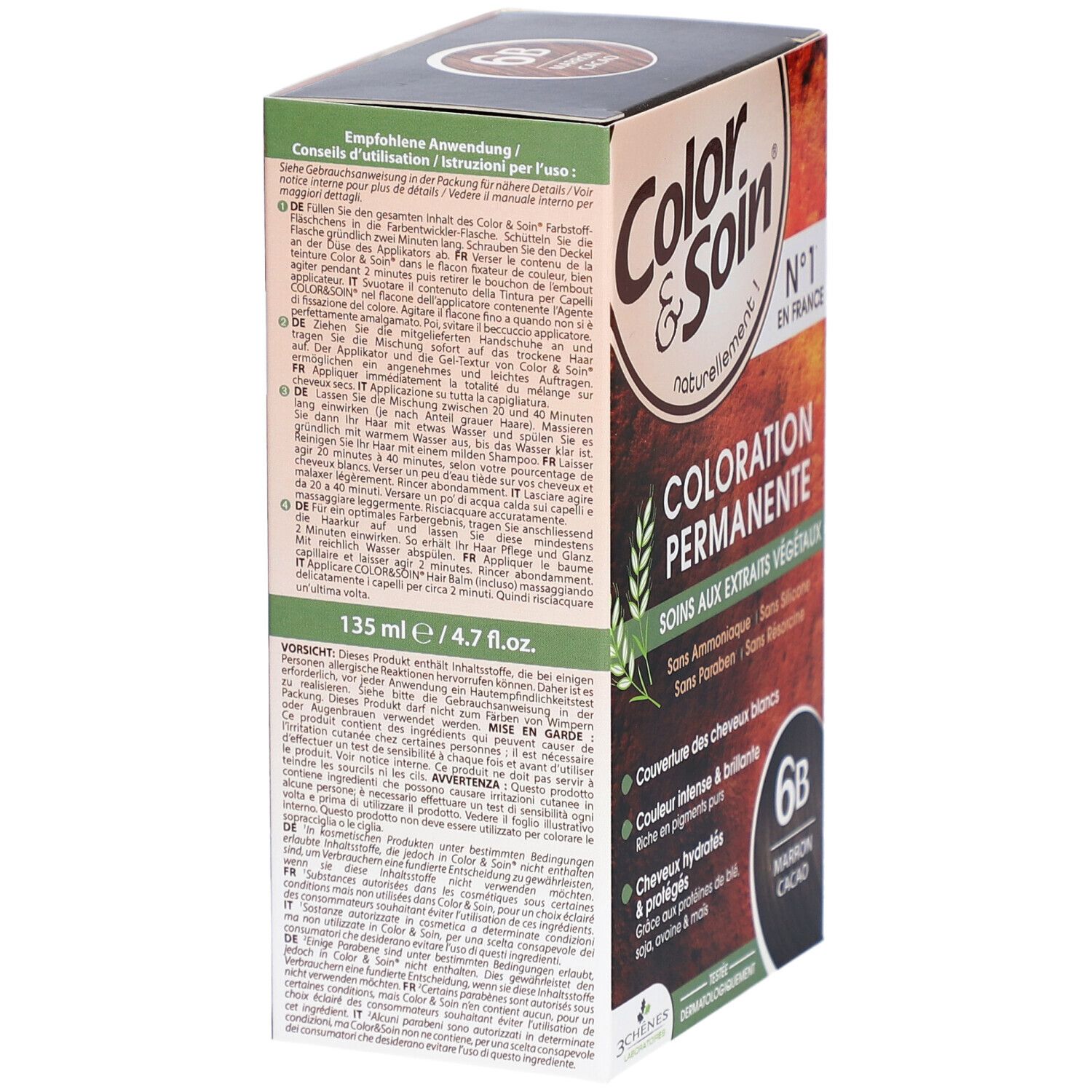 Dos de la boîte Color & Soin® Coloration Permanente. Instructions et ingrédients.