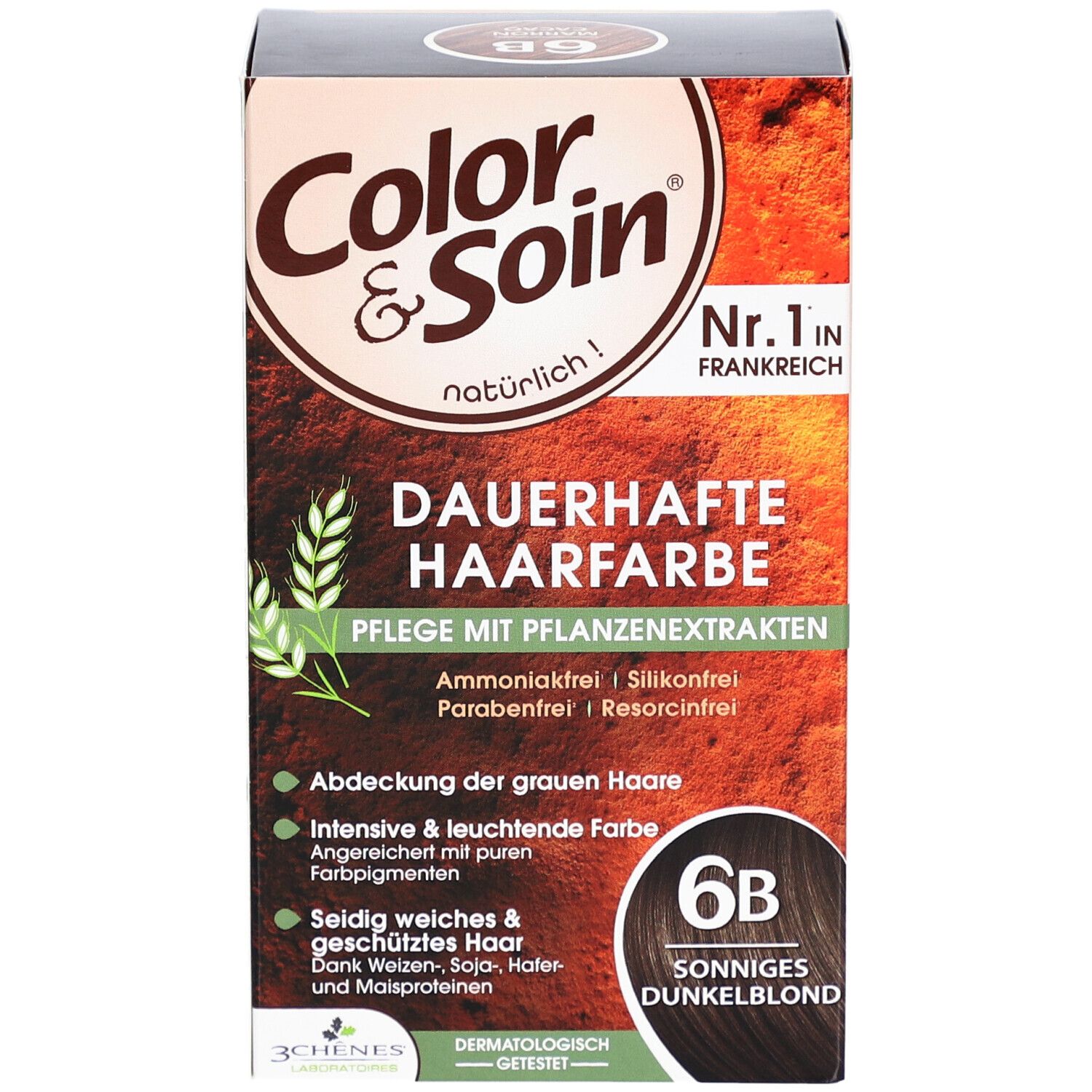 Color & Soin® 6B. Blond foncé ensoleillé. Boîte avec informations et logo.