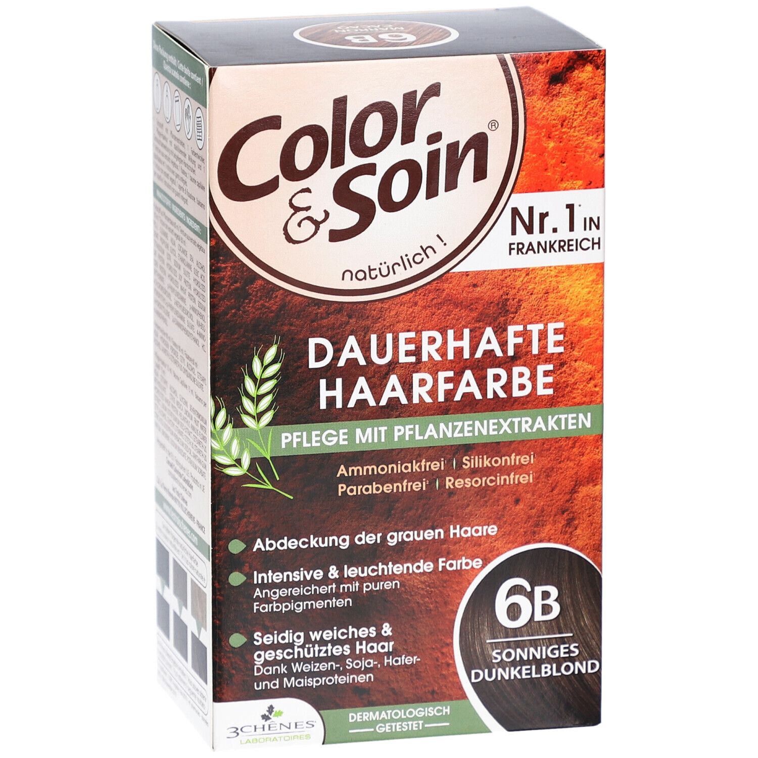 Color & Soin® 6B. Blond foncé ensoleillé. Boîte avec informations et logo.
