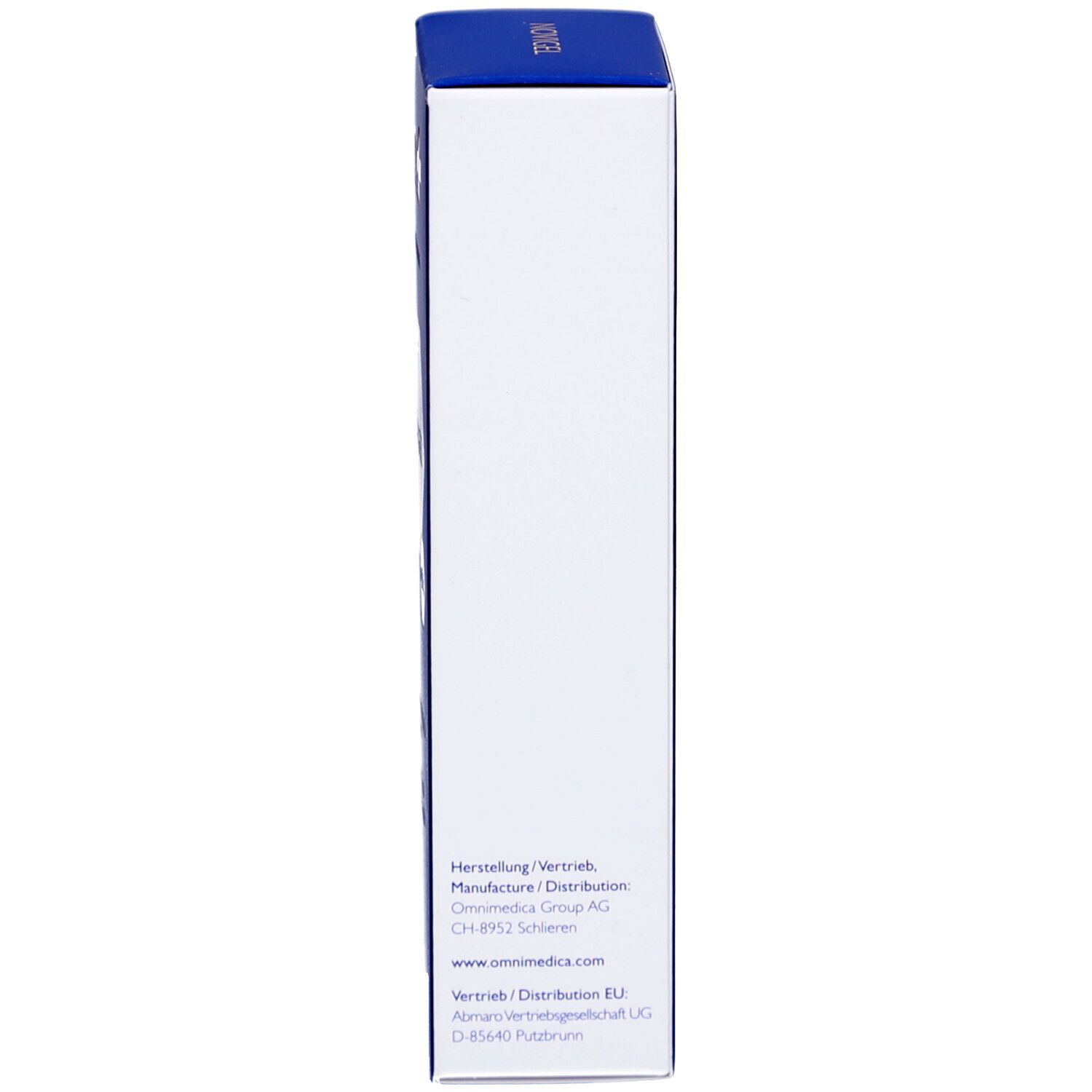 Seite der blauen Produktverpackung. Text: Herstellung/Vertrieb. www.omnimedica.com.