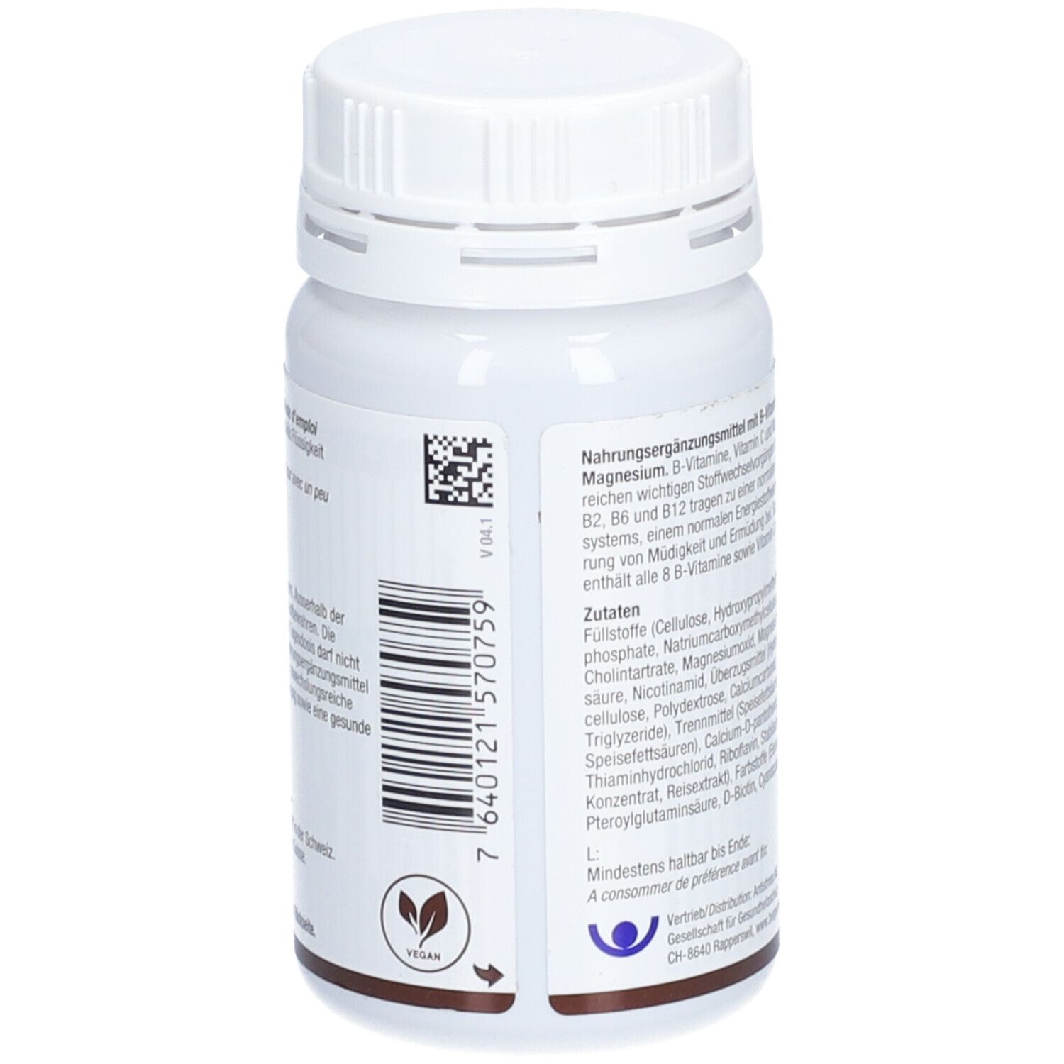 Rückseite der weißen Flasche. Text mit Inhaltsstoffen und Informationen. Vegan-Logo. Barcode.