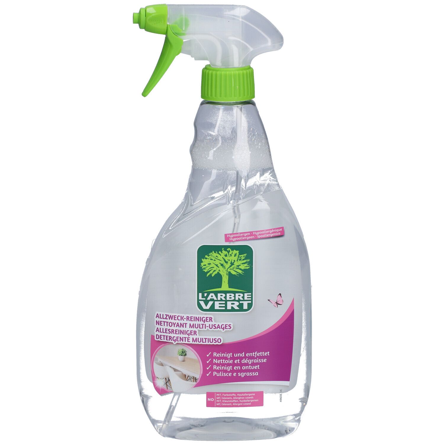 Flacon pulvérisateur avec tête verte. Inscription: L'ARBRE VERT. Nettoyant multi-usages. Fleurs d'agrumes. Étiquette rose.
