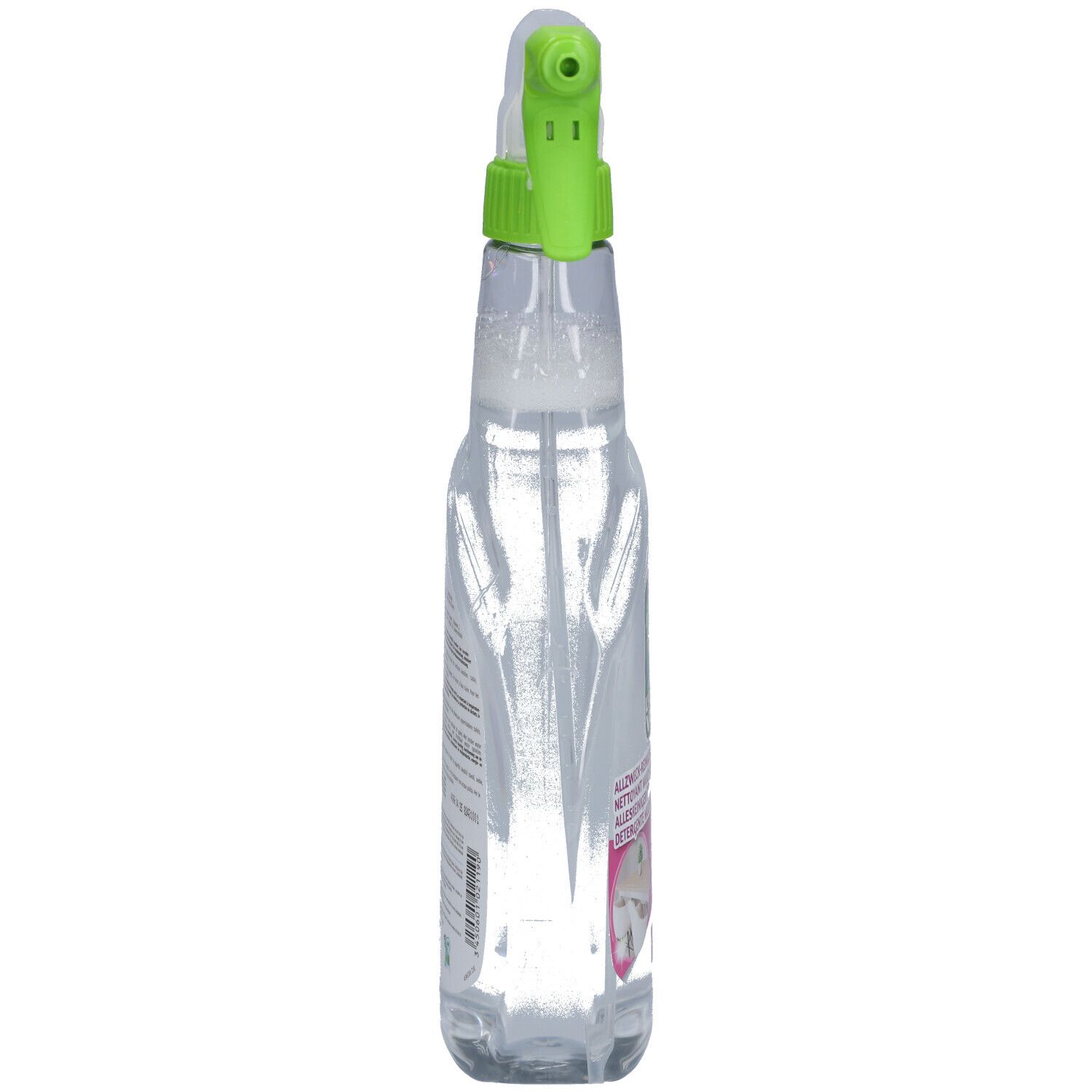 Flacon pulvérisateur transparent avec tête verte. Vue latérale. Inscription et étiquette.