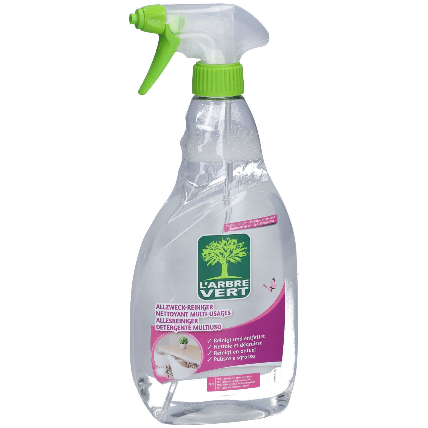 Flacon pulvérisateur avec tête verte. Inscription: L'ARBRE VERT. Nettoyant multi-usages. Fleurs d'agrumes. Étiquette rose.