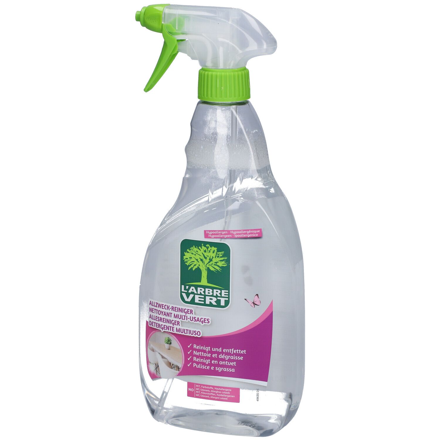 Flacon pulvérisateur avec tête verte. Inscription: L'ARBRE VERT. Nettoyant multi-usages. Fleurs d'agrumes. Étiquette rose.